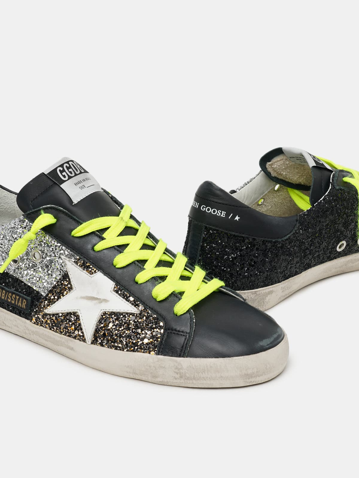 Men | Super-Star Sneakers with Gold, Silver & Black Glitter Inserts | Black x Black Gold x Silver x White - Image 3