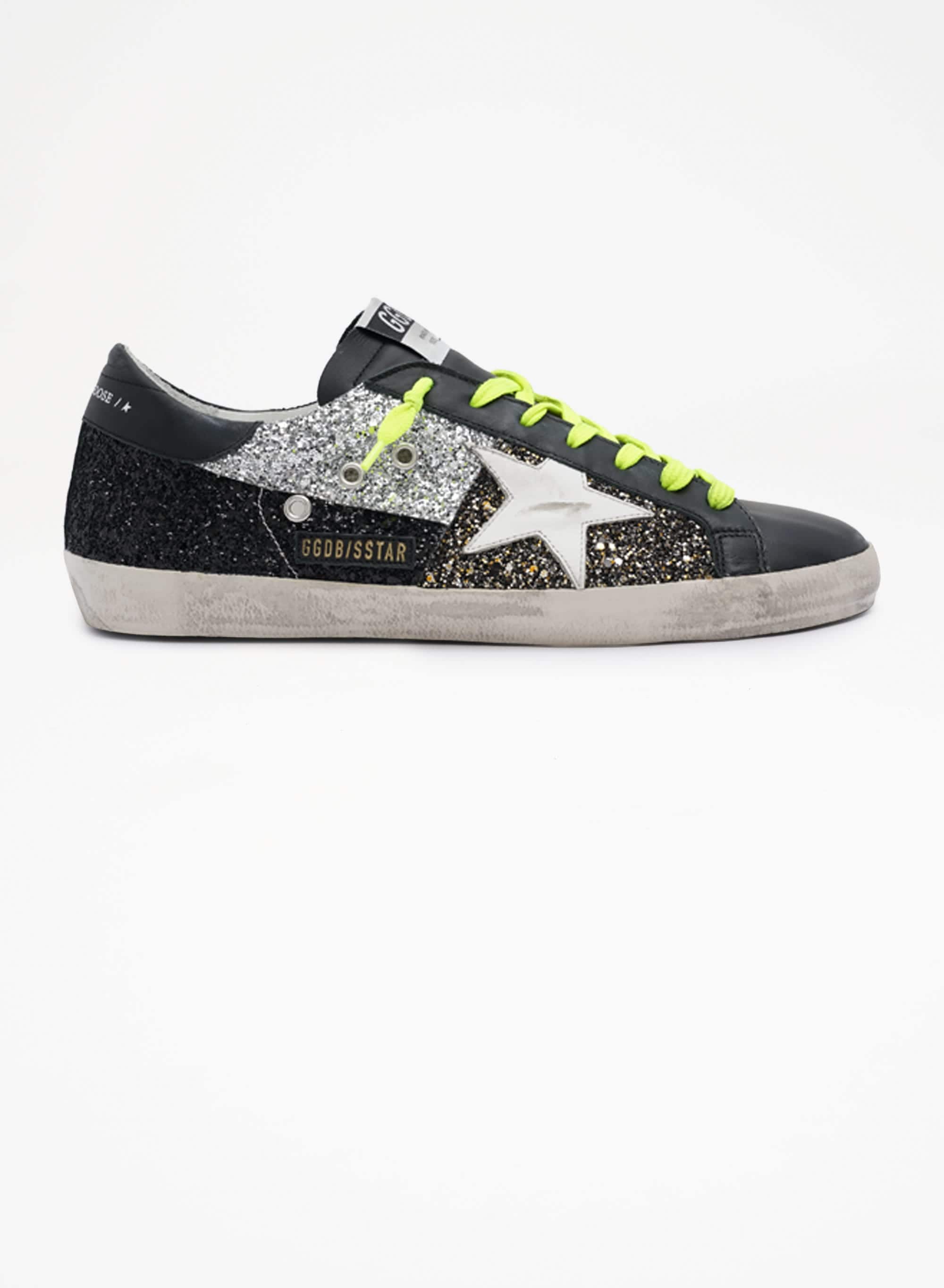 Men | Super-Star Sneakers with Gold, Silver & Black Glitter Inserts | Black x Black Gold x Silver x White - Image 6