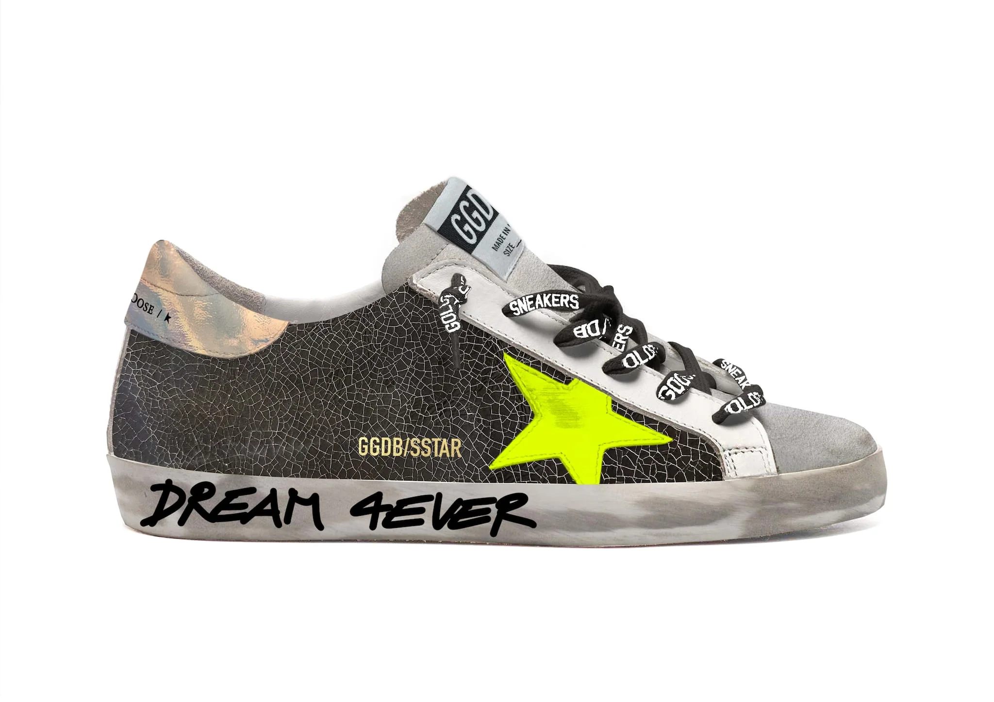 Men | Super-Star Sneakers with Handwritten Lettering & Fluorescent Yellow Star | Black x Ice x Yellow Fluo x Silver - Image 2