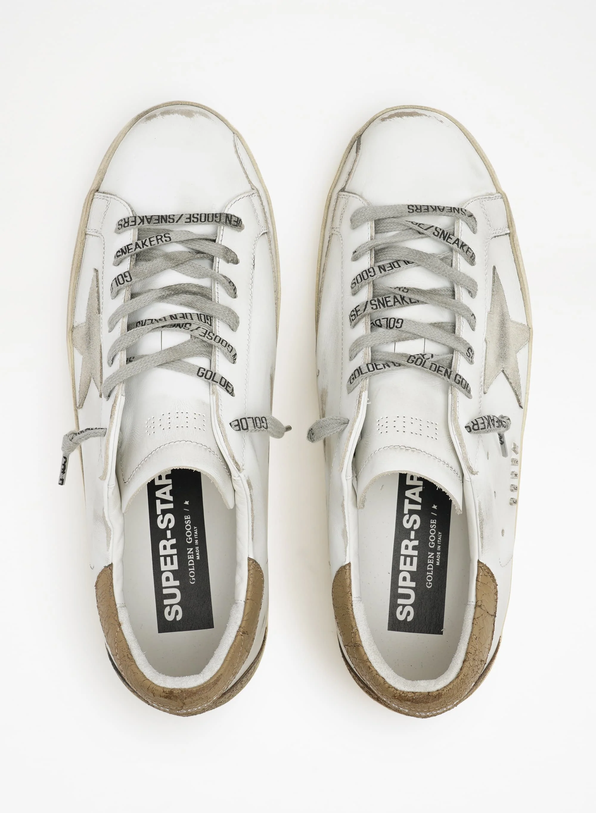 Men | Super-Star Sneakers with Khaki-Colored Crackled Leather Heel Tab | White x Ice x Kaki - Image 5