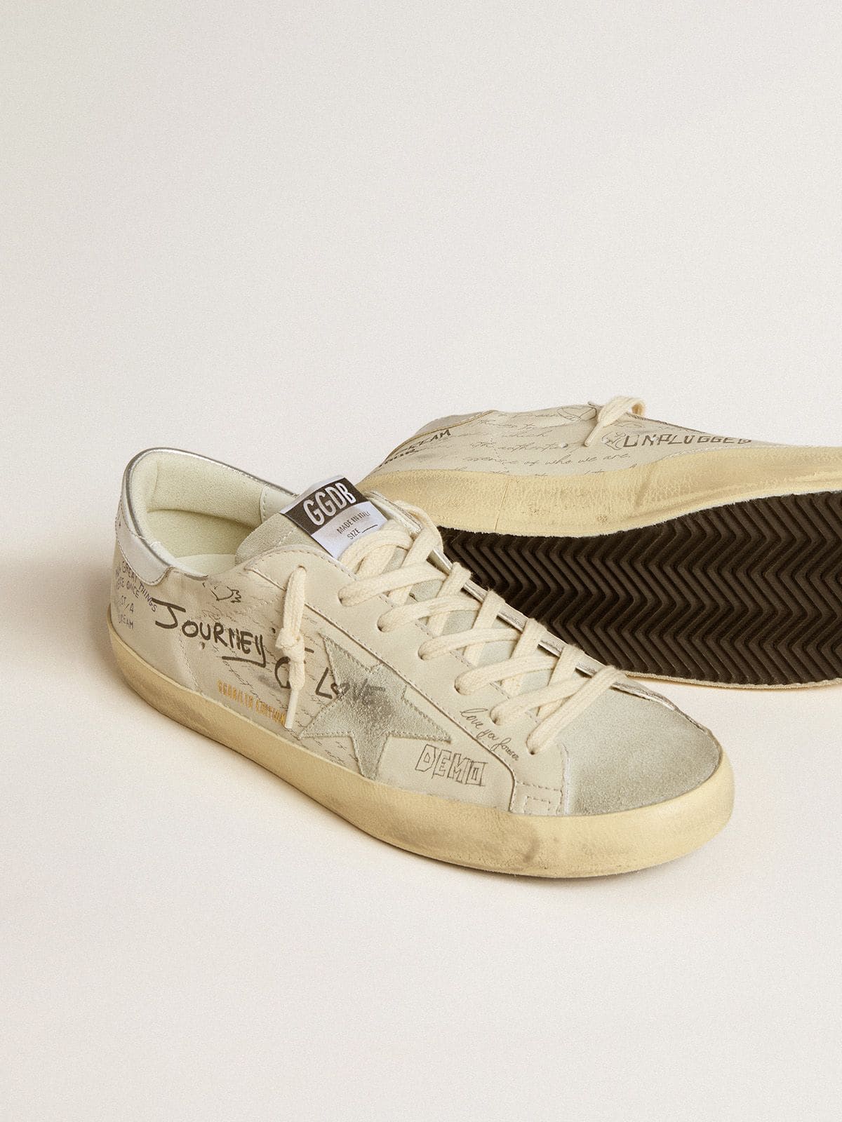 Men | Super-Star White Leather with All-Over Lettering & Ice-Gray Suede Star | White x Ice x Silver - Image 2