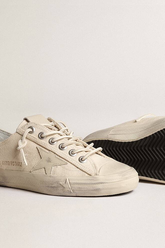 Men | V-Star Sneakers Light Cream Canvas with Milk-White Leather Star | Creamy White x White - Image 2
