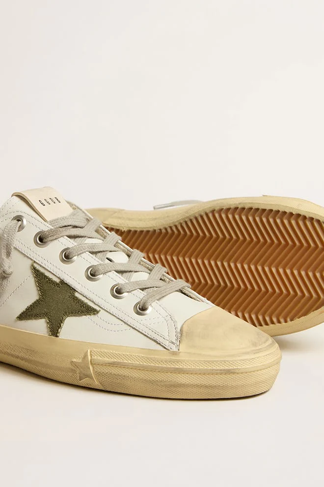 Men | V-Star White Leather with Green Canvas Star | White x Green - Image 2