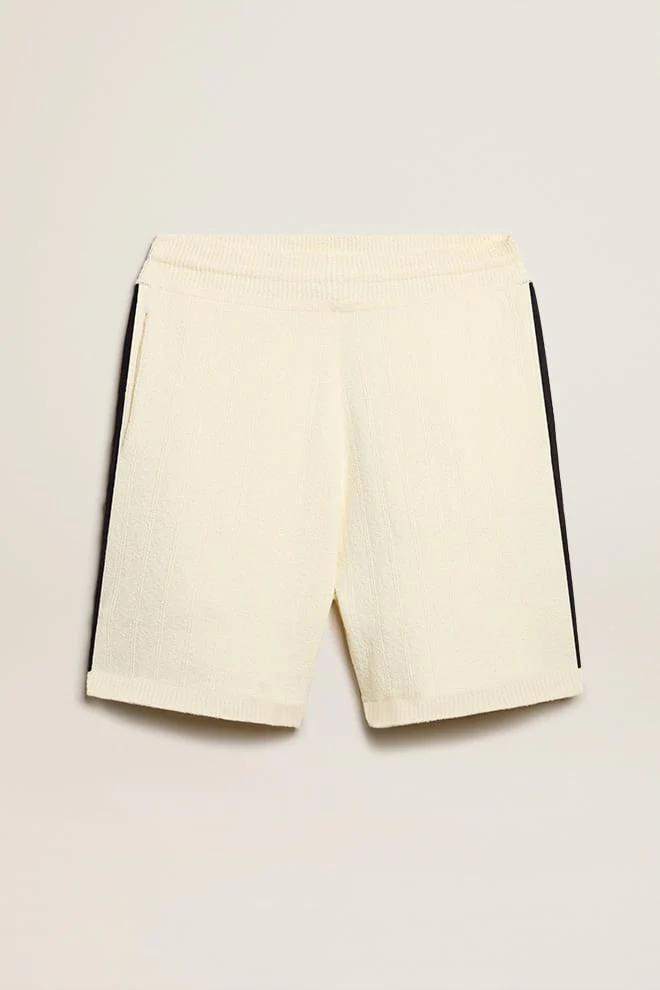 Men | Vintage White Shorts with Blue Rib Knit On The Sides | Antique White x Ink Blue