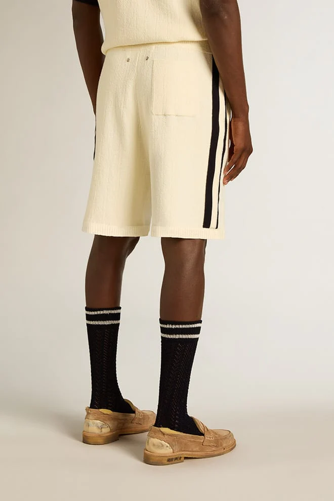 Men | Vintage White Shorts with Blue Rib Knit On The Sides | Antique White x Ink Blue - Image 3