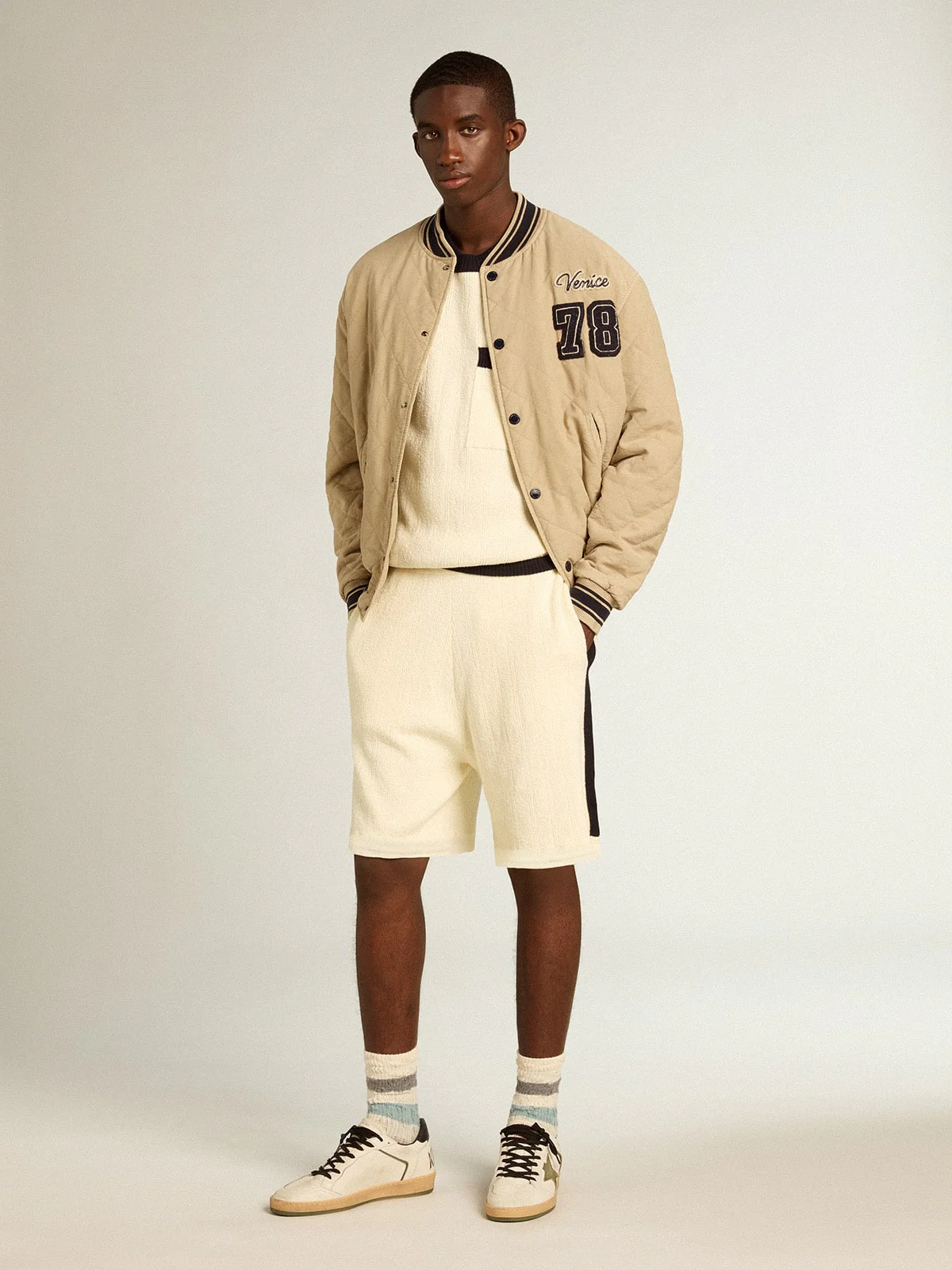 Men | Vintage White Shorts with Blue Rib Knit On The Sides | Antique White x Ink Blue - Image 4