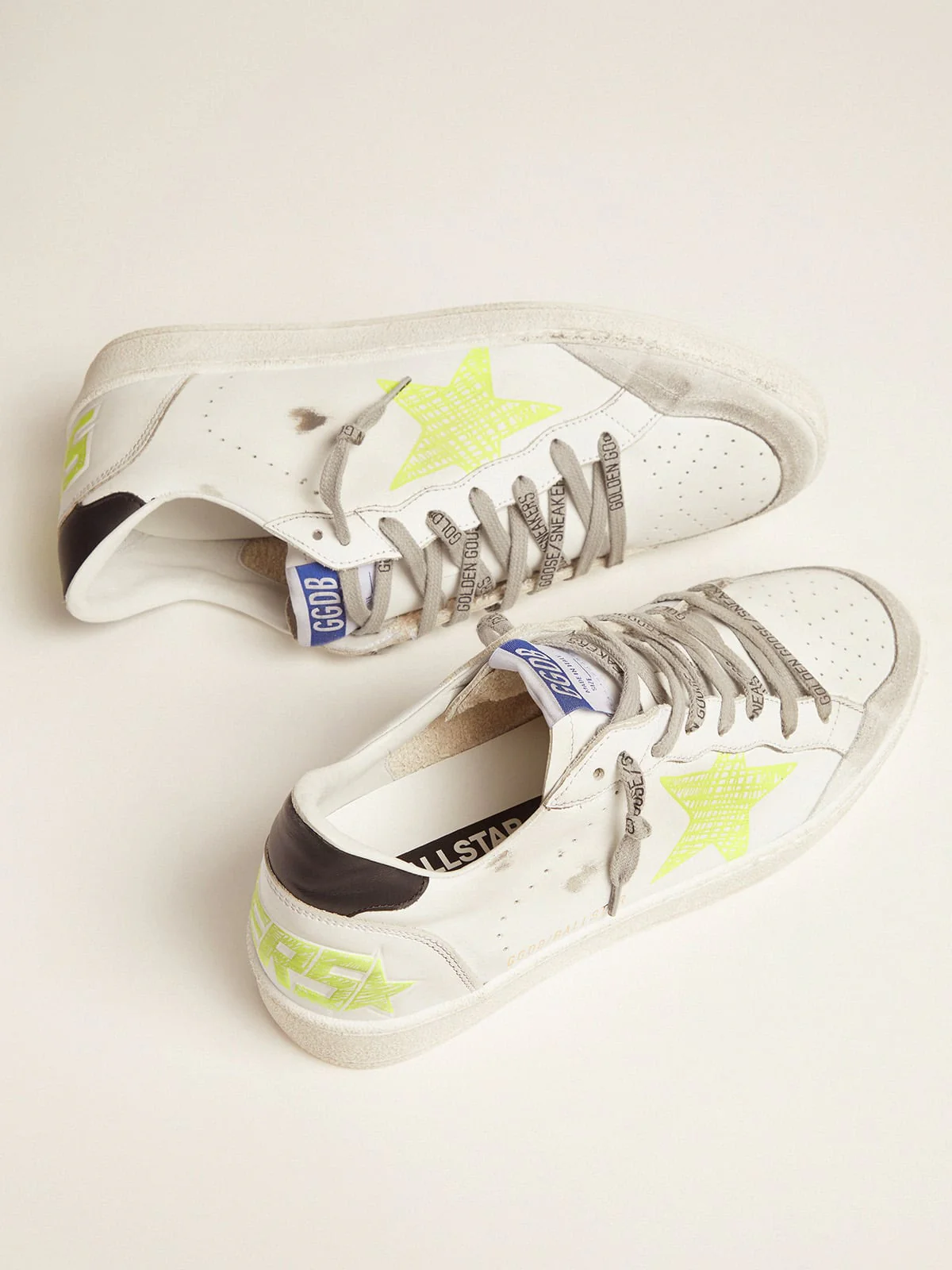 Men | White Ball Star Sneakers with Fluorescent Yellow Details | White x Optic White x Fluo Yellow