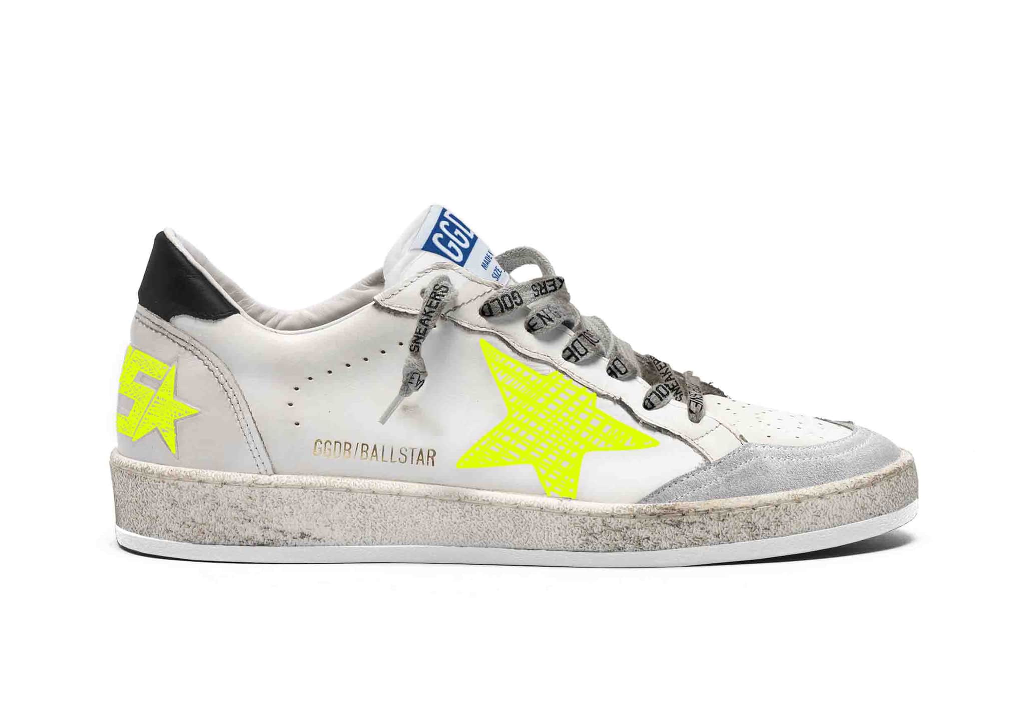 Men | White Ball Star Sneakers with Fluorescent Yellow Details | White x Optic White x Fluo Yellow - Image 5