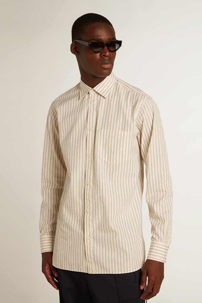 Men | White Cotton Shirt with Beige Stripes | Arctic Wolf x Travertine - Image 4