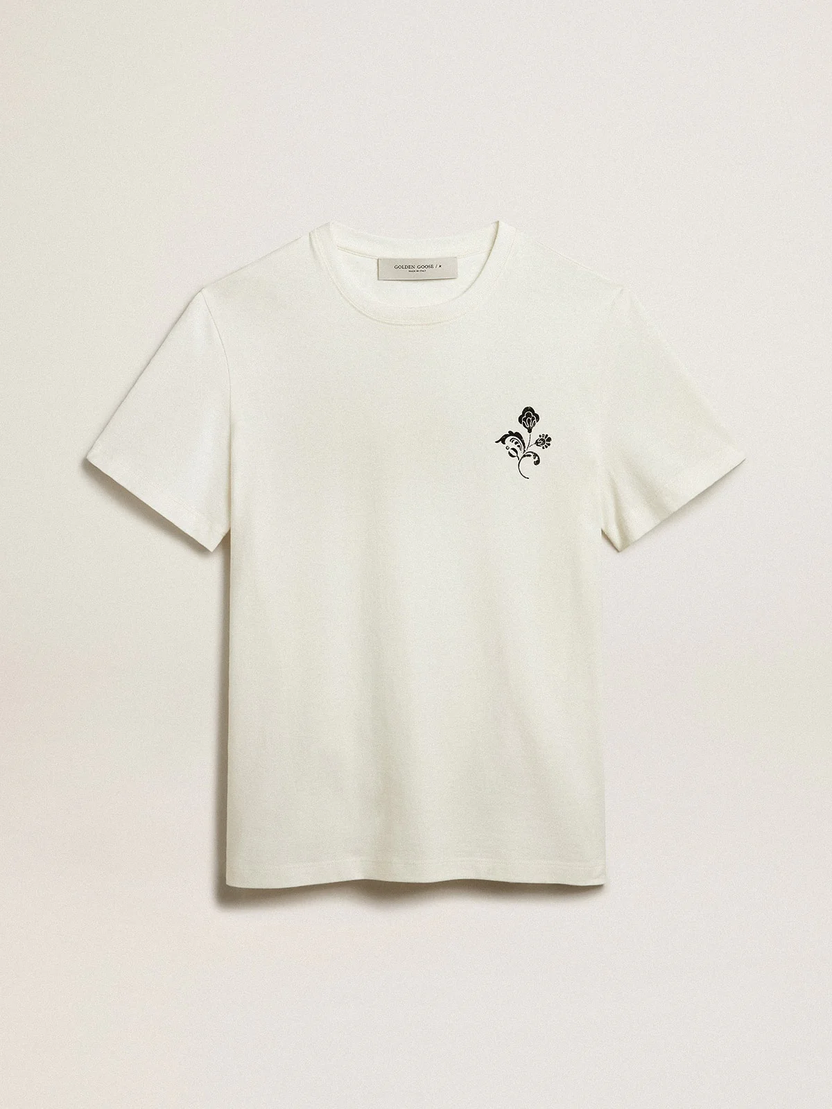 Men | White Cotton T-Shirt with Flower Print On The Front | Vintage White x Black - Image 2