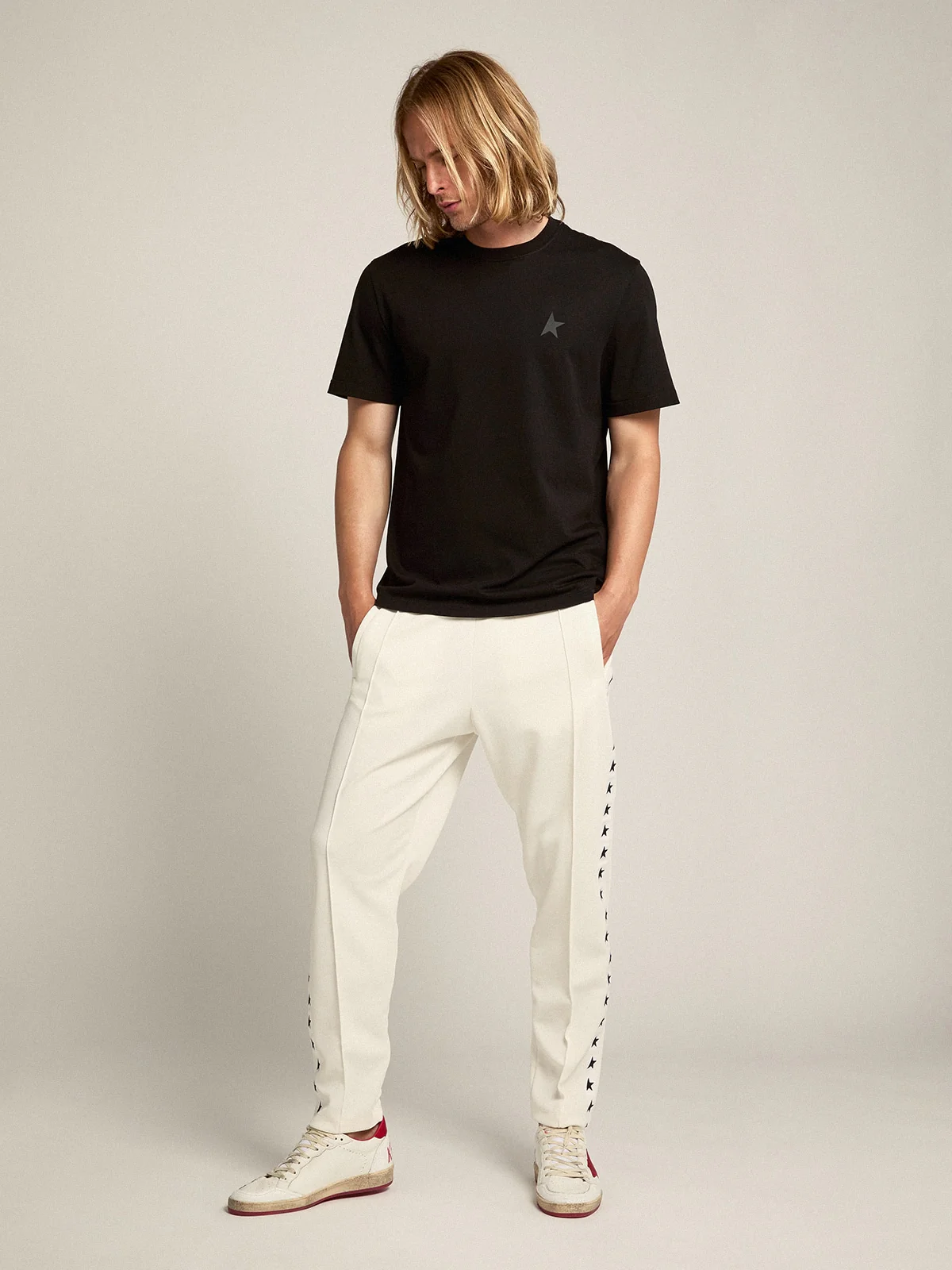 Men | White Joggers with Black Stars On The Sides | Papyrus x Black