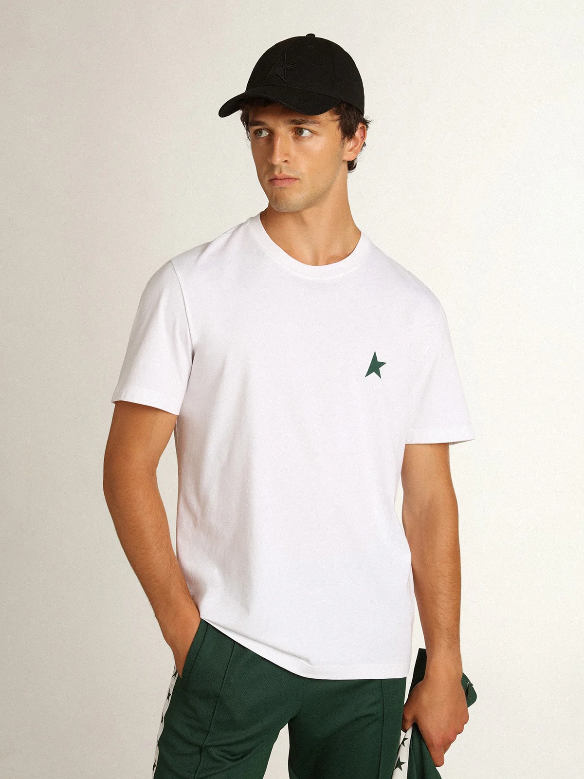 Men | White Star Collection T-Shirt with Contrasting Green Star On The Front | Optic White x Green - Image 6