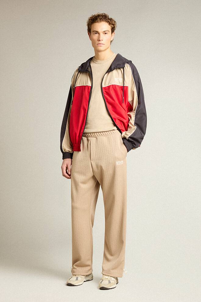 Men | Zipped Windbreaker with Contrast Fabrics Red & Dark Blue | Savvy Red x Dark Blue x Pale Khaki - Image 6