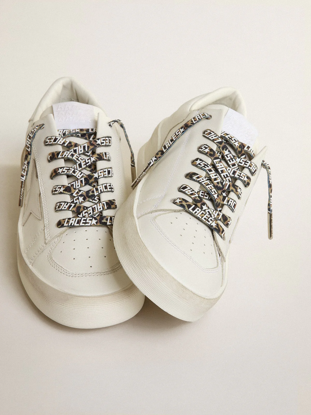 Unisex | Beige & Brown Leopard-Print Laces with Contrasting White "Laces" Lettering | Beige Brown Leo x White x Silver - Image 6
