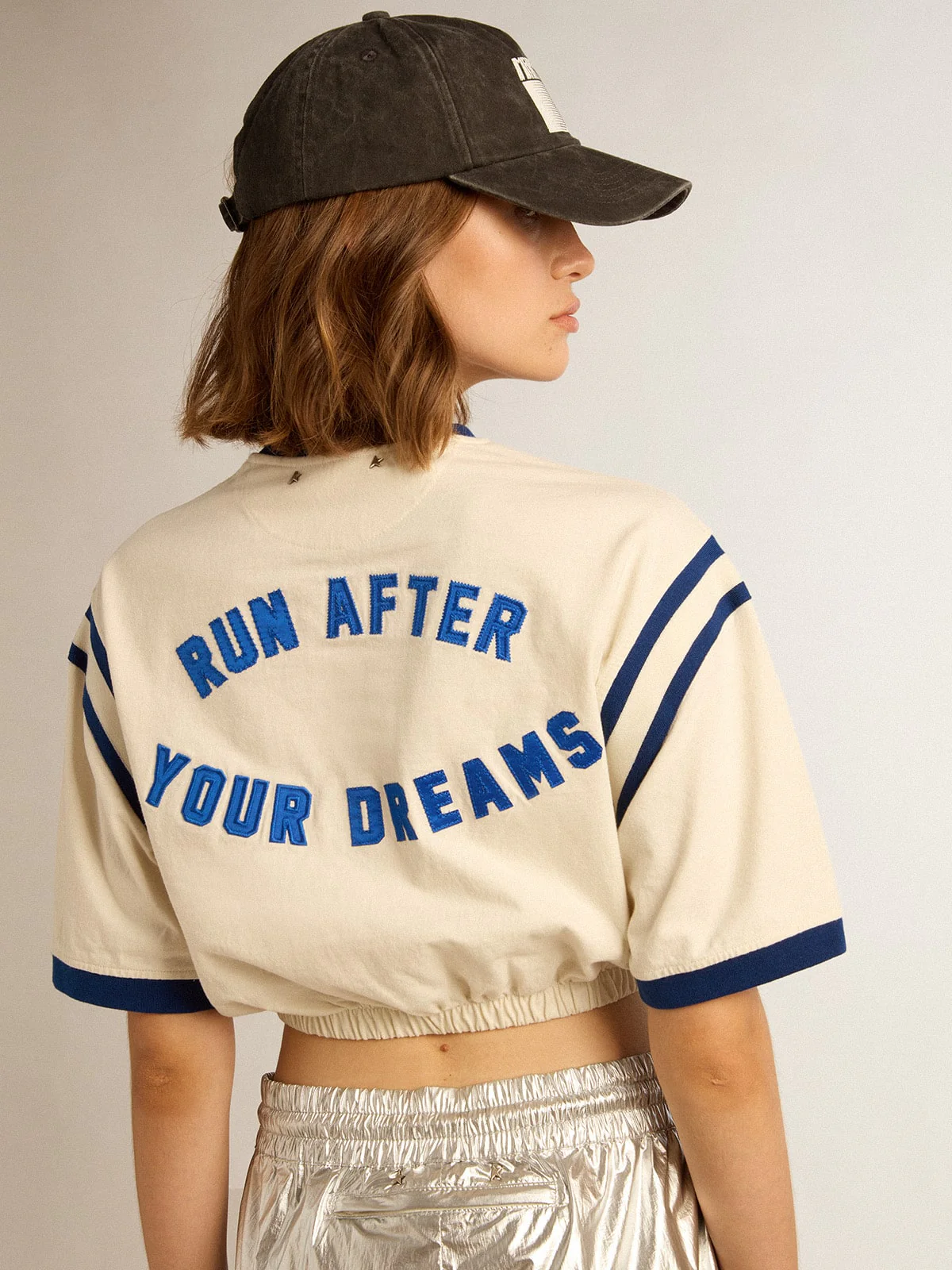 Women | Aged White Cotton Cropped T-Shirt with Lettering On The Back | Heritage White x Marathon Blue - Image 5