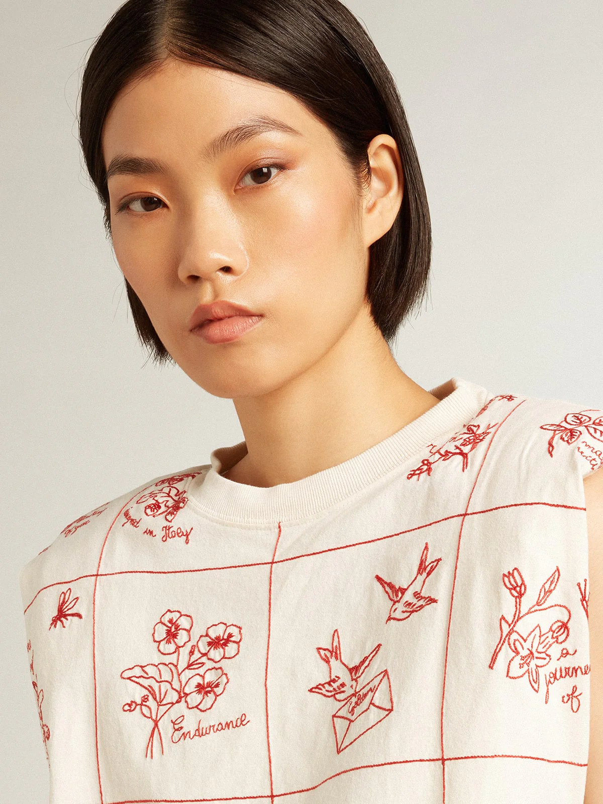 Women | Aged White Sleeveless T-Shirt with Red Embroidery On The Front | Heritage White x Dark Red - Image 10