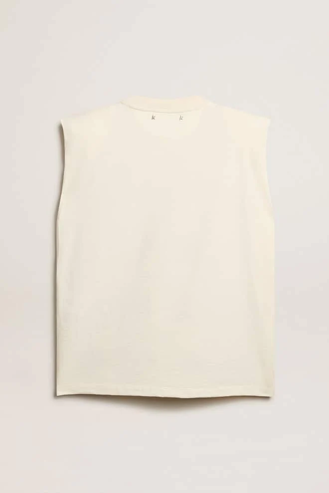 Women | Aged White Sleeveless T-Shirt with Red Embroidery On The Front | Heritage White x Dark Red - Image 2