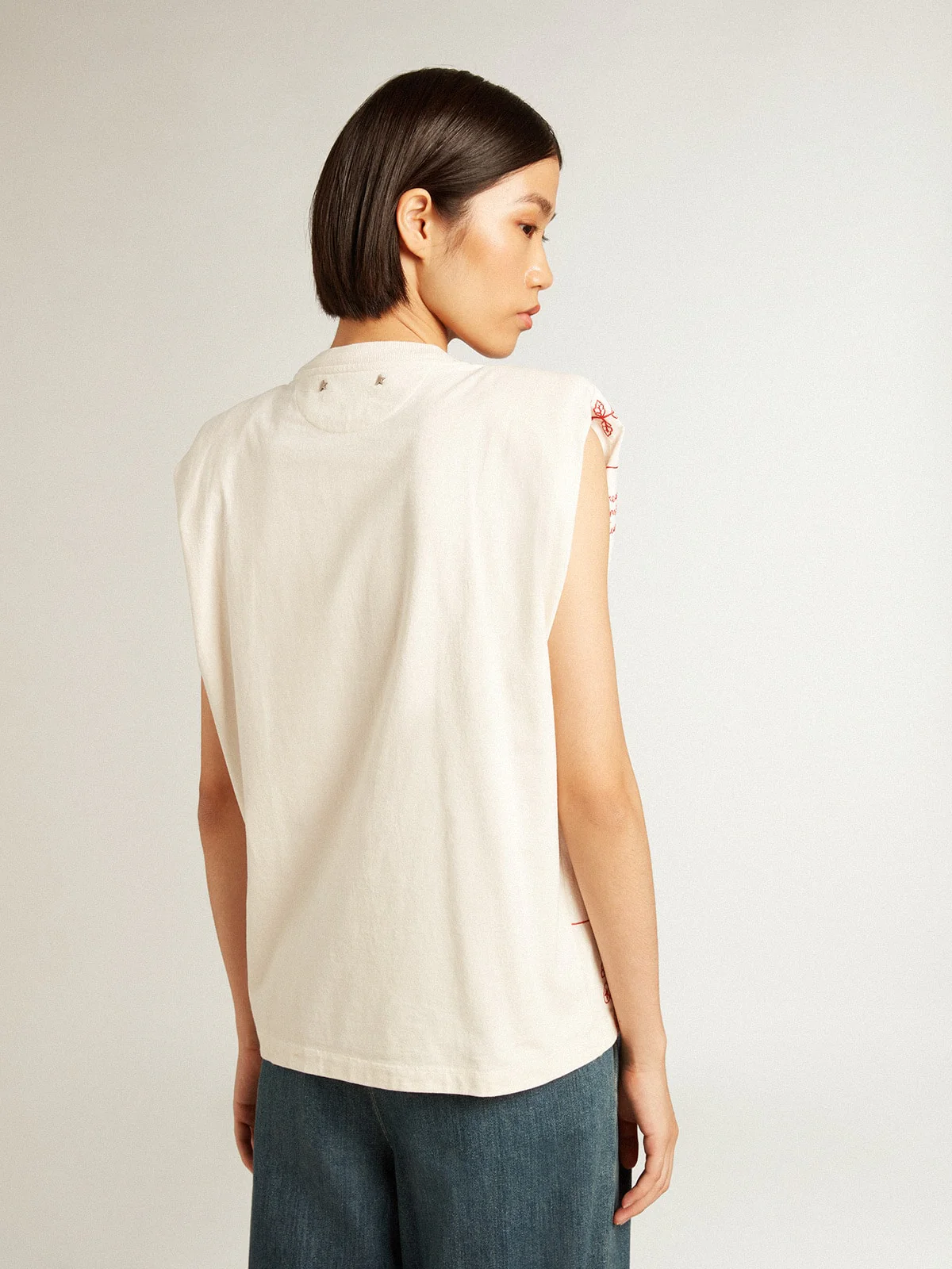 Women | Aged White Sleeveless T-Shirt with Red Embroidery On The Front | Heritage White x Dark Red - Image 3