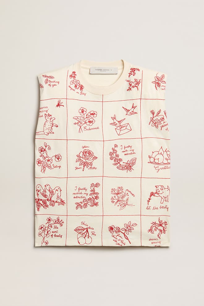 Women | Aged White Sleeveless T-Shirt with Red Embroidery On The Front | Heritage White x Dark Red - Image 4
