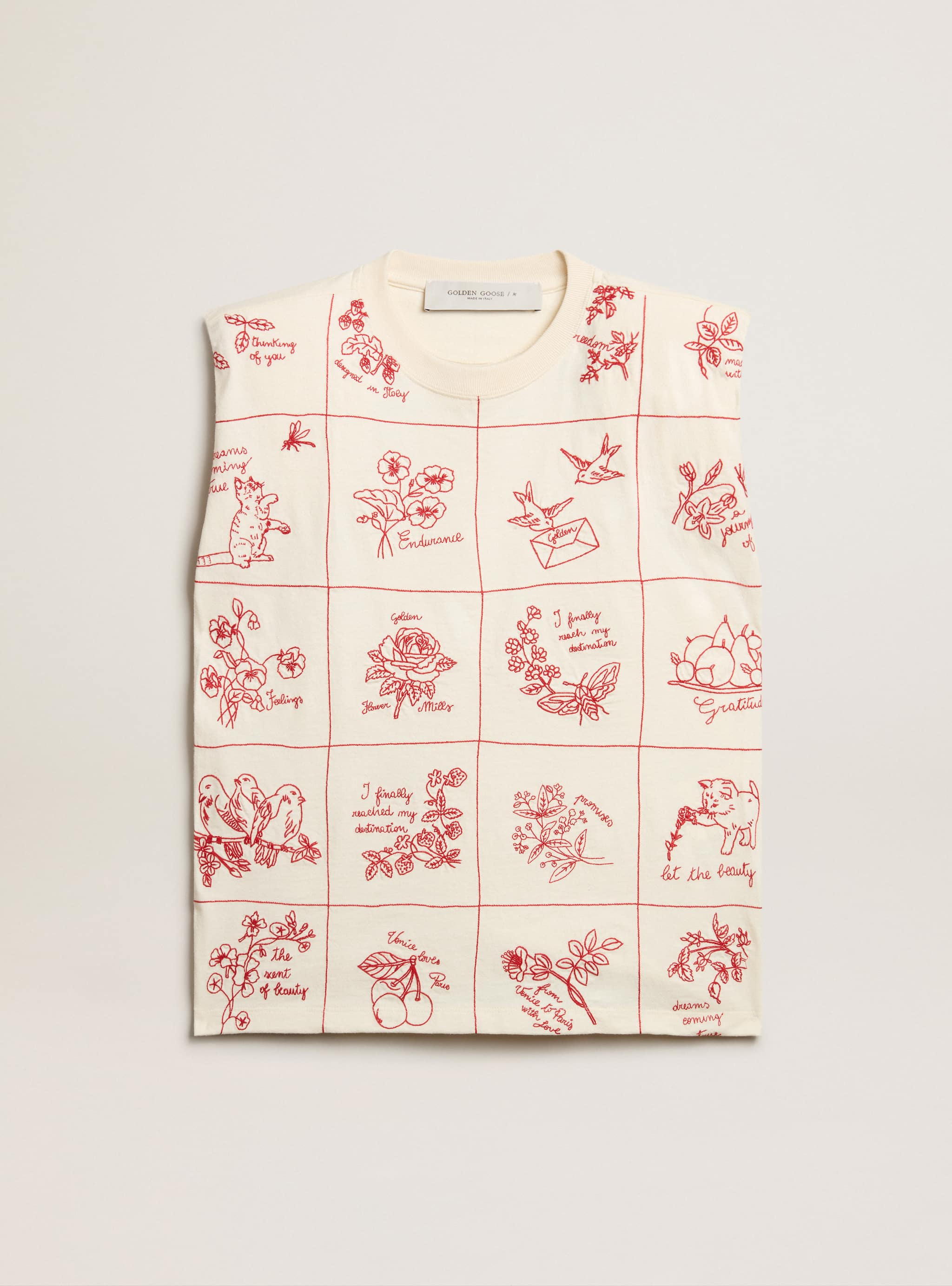 Women | Aged White Sleeveless T-Shirt with Red Embroidery On The Front | Heritage White x Dark Red - Image 5