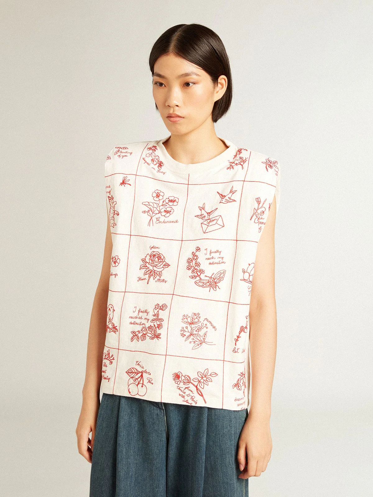 Women | Aged White Sleeveless T-Shirt with Red Embroidery On The Front | Heritage White x Dark Red - Image 7