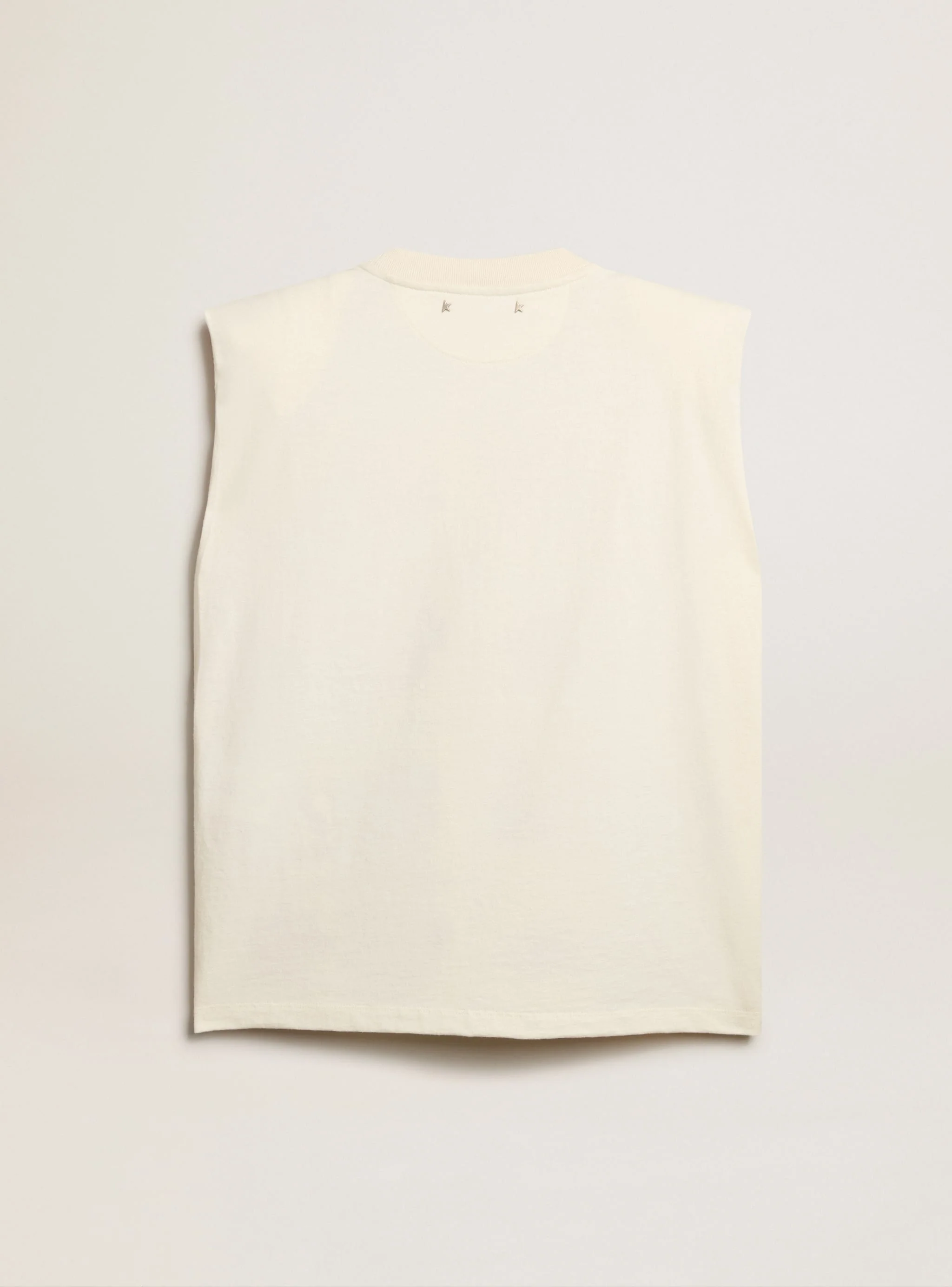 Women | Aged White Sleeveless T-Shirt with Red Embroidery On The Front | Heritage White x Dark Red - Image 8