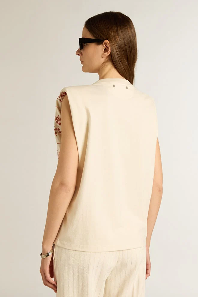 Women | Aged White Sleeveless T-Shirt with Red Embroidery On The Front | Heritage White x Dark Red - Image 9