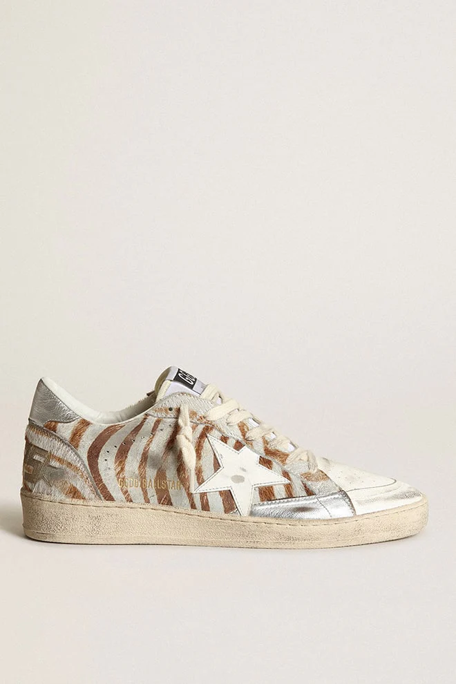 Women | Ball Star Beige White Stripes with White Star & Silver Heel Tab | Beige White x White x Silver - Image 4