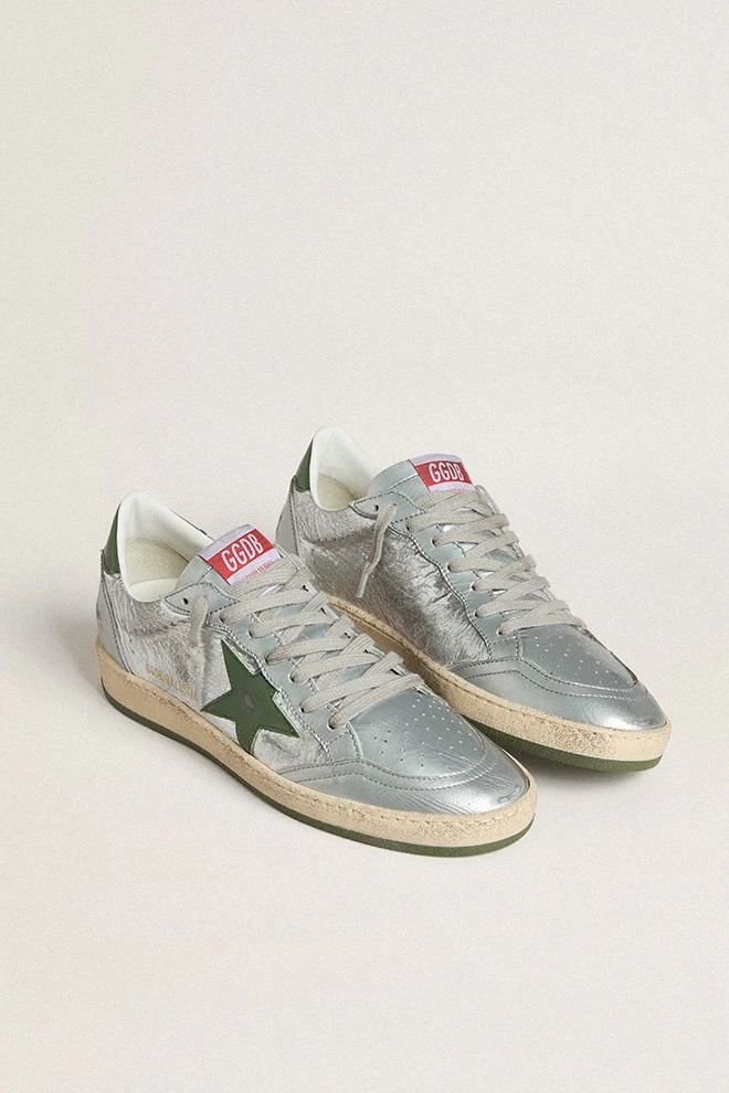 Women | Ball Star Silver Nylon with Green Leather Star & Heel Tab | Silver x Green - Image 8