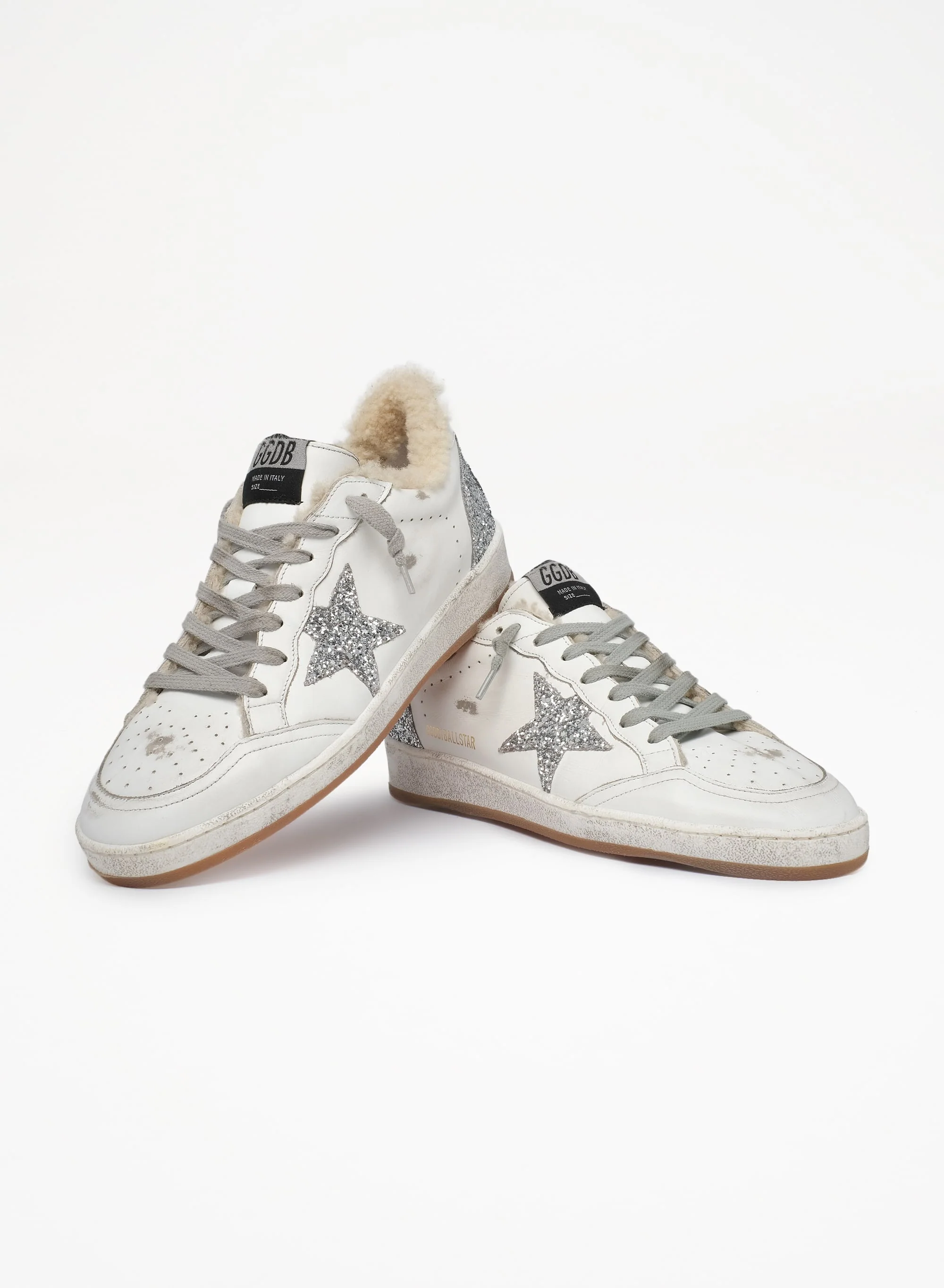 Women | Ball Star Sneakers Leather with Glitter Details & Shearling Lining | White x Silver - Image 5