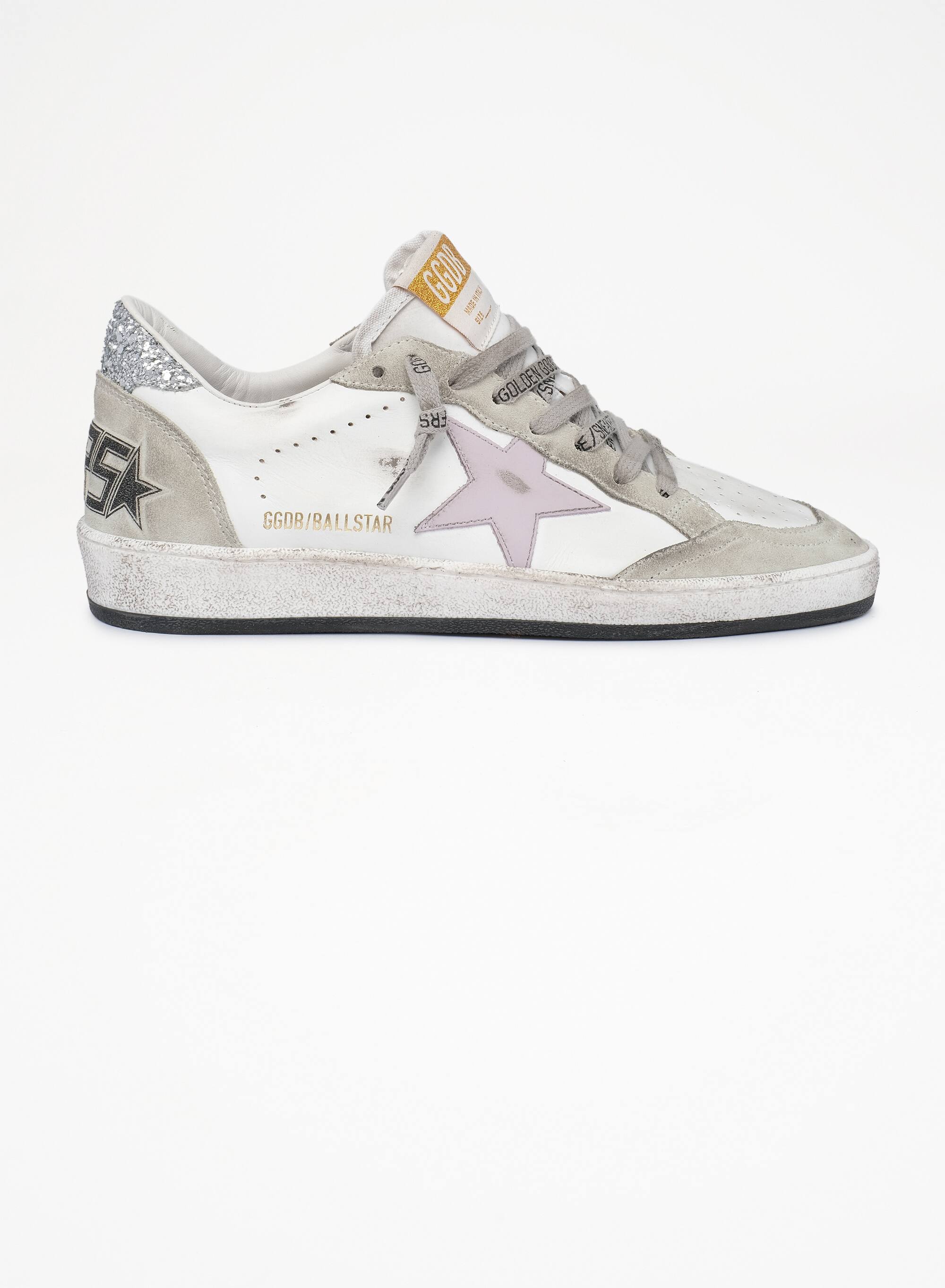Women | Ball Star Sneakers White Leather with Suede Inserts & Lilac Star | White x Lilac x Oil Green x Silver