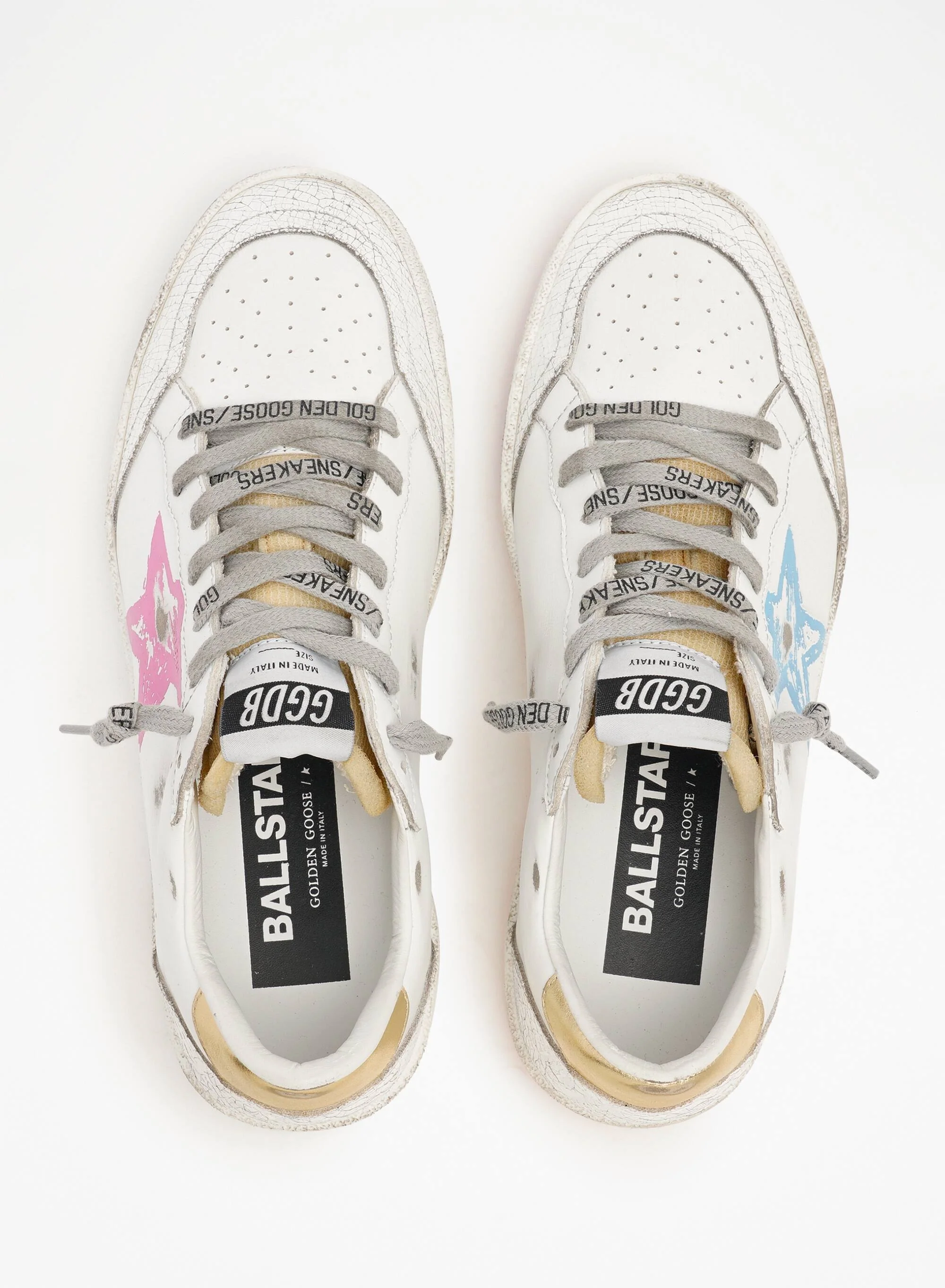 Women | Ball Star Sneakers with Gold Heel Tab & Foam Rubber Tongue | White x Light Bleu Pink x Gold