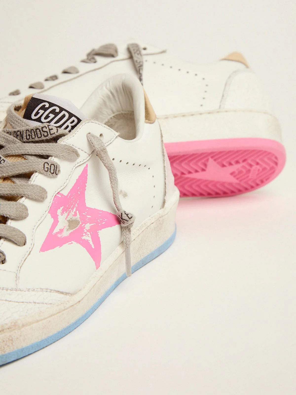 Women | Ball Star Sneakers with Gold Heel Tab & Foam Rubber Tongue | White x Light Bleu Pink x Gold - Image 2