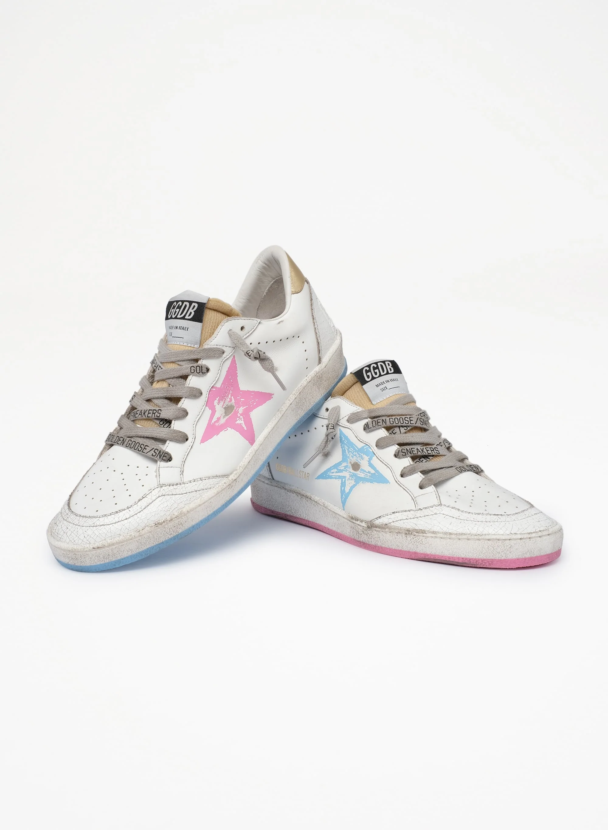 Women | Ball Star Sneakers with Gold Heel Tab & Foam Rubber Tongue | White x Light Bleu Pink x Gold - Image 4