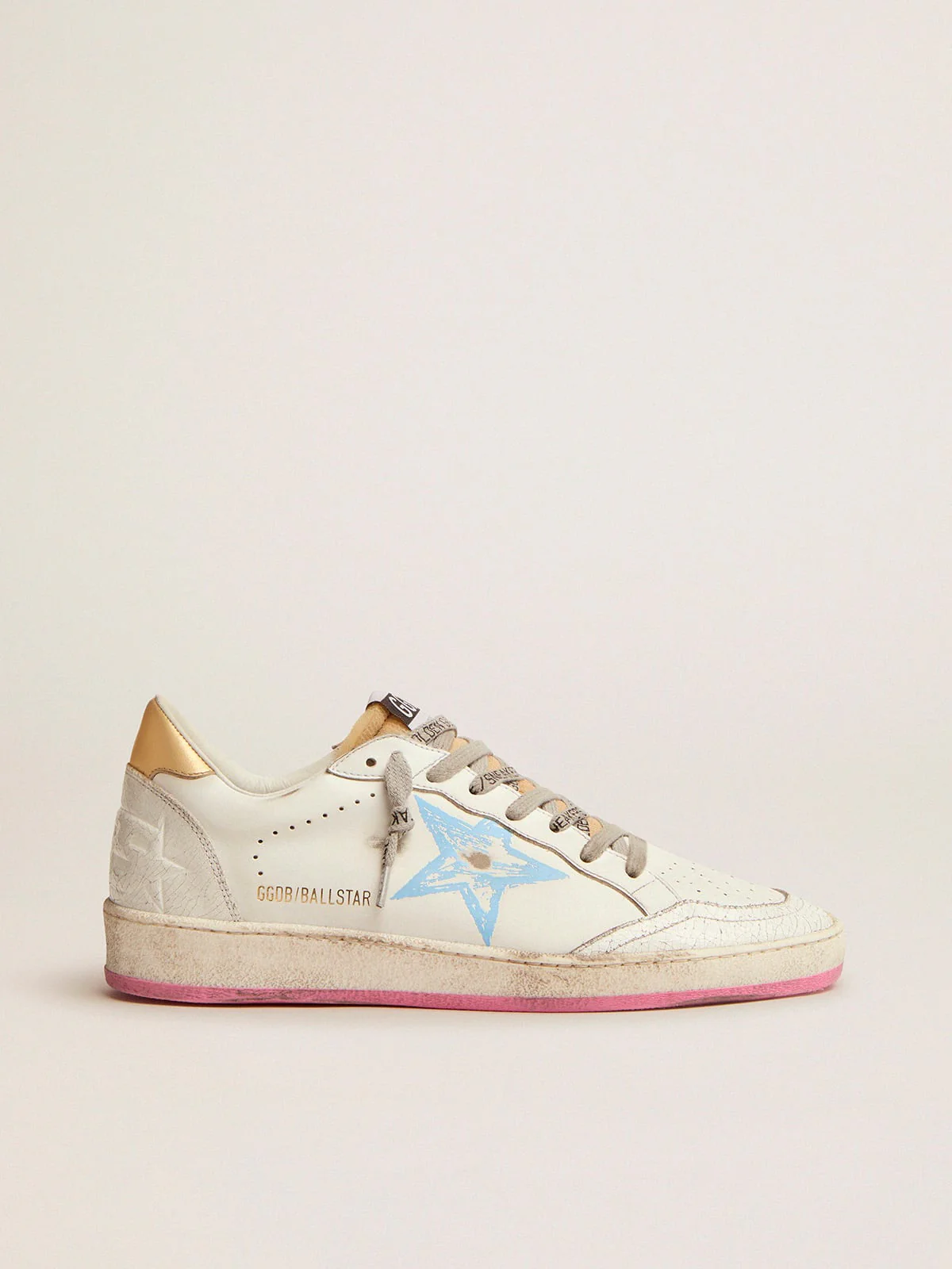 Women | Ball Star Sneakers with Gold Heel Tab & Foam Rubber Tongue | White x Light Bleu Pink x Gold - Image 5