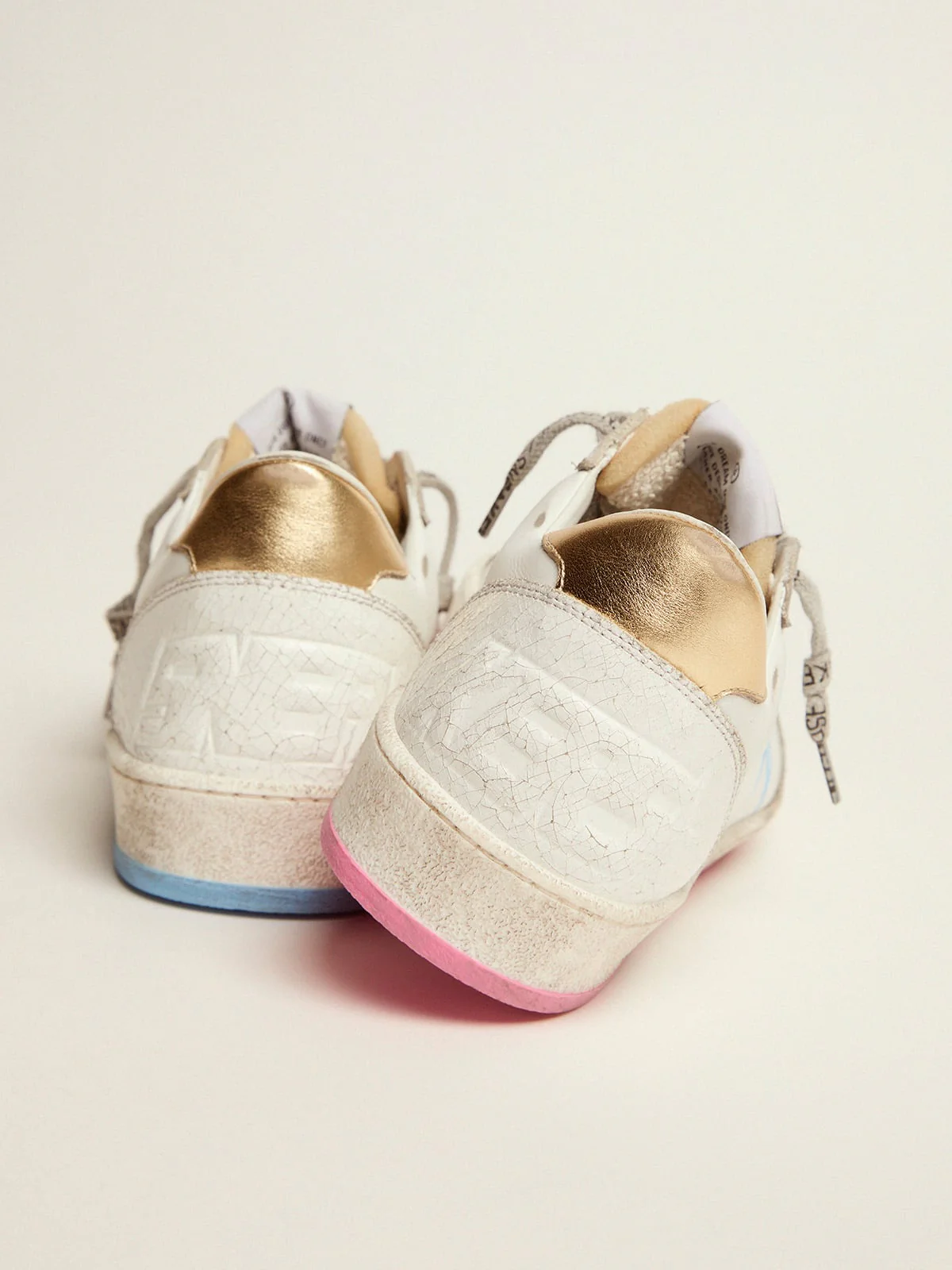 Women | Ball Star Sneakers with Gold Heel Tab & Foam Rubber Tongue | White x Light Bleu Pink x Gold - Image 6