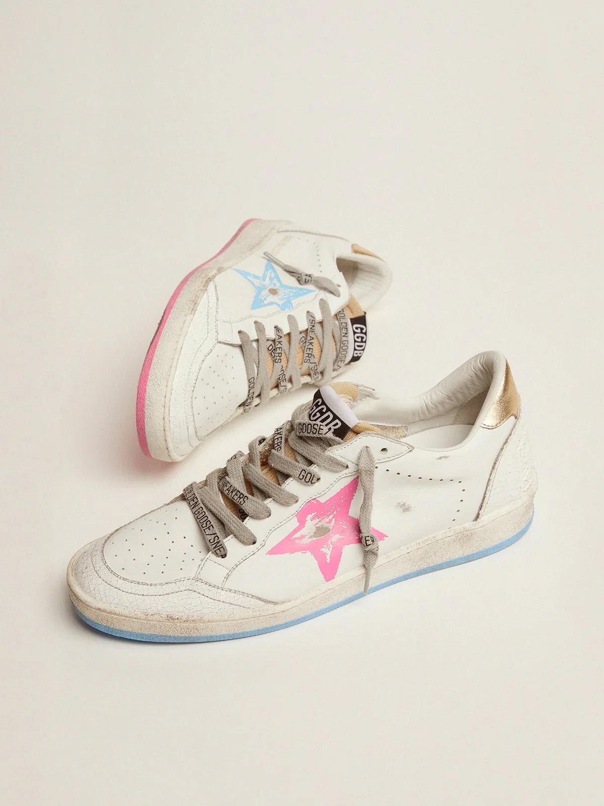 Women | Ball Star Sneakers with Gold Heel Tab & Foam Rubber Tongue | White x Light Bleu Pink x Gold - Image 8