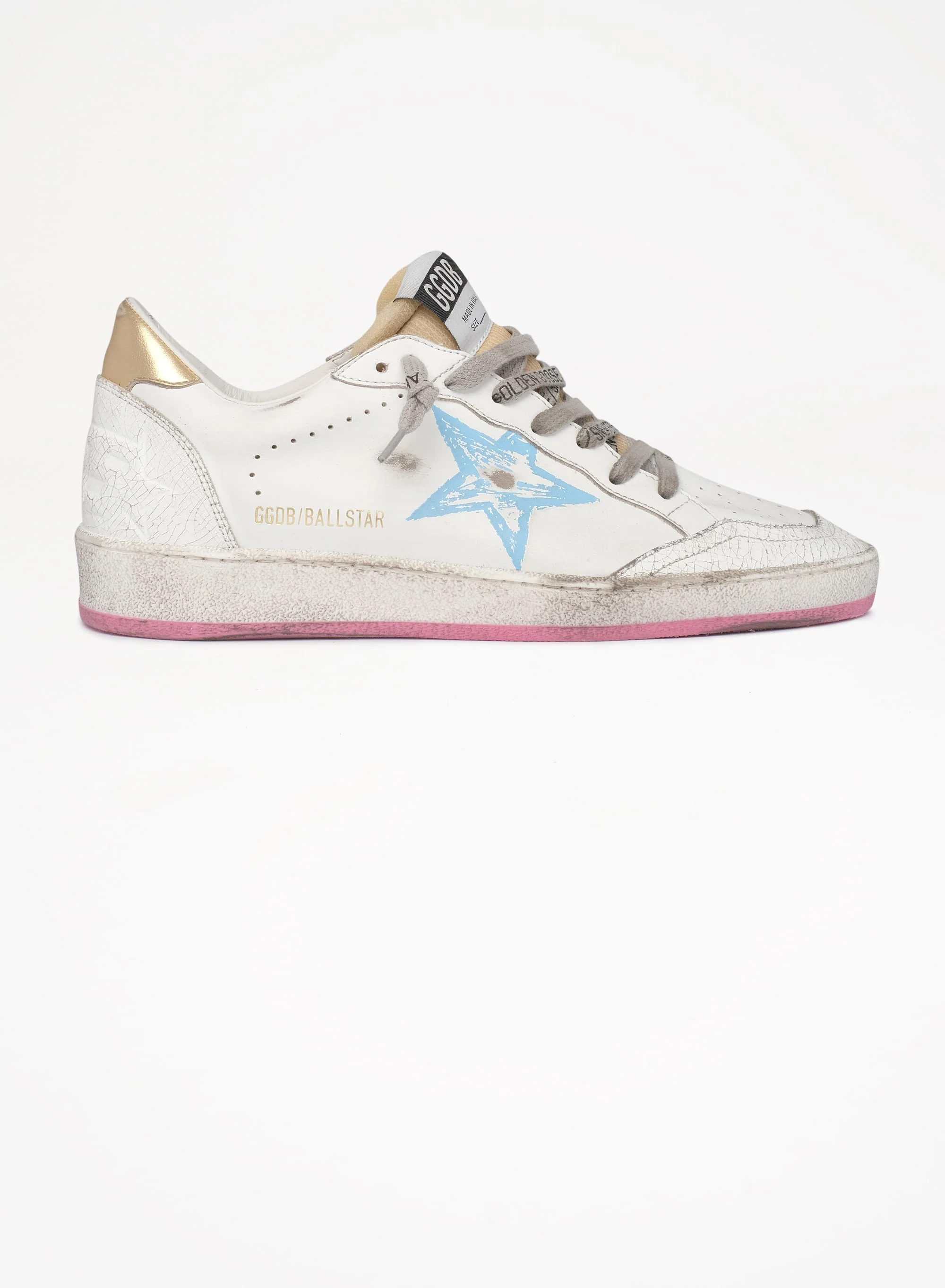 Women | Ball Star Sneakers with Gold Heel Tab & Foam Rubber Tongue | White x Light Bleu Pink x Gold - Image 9