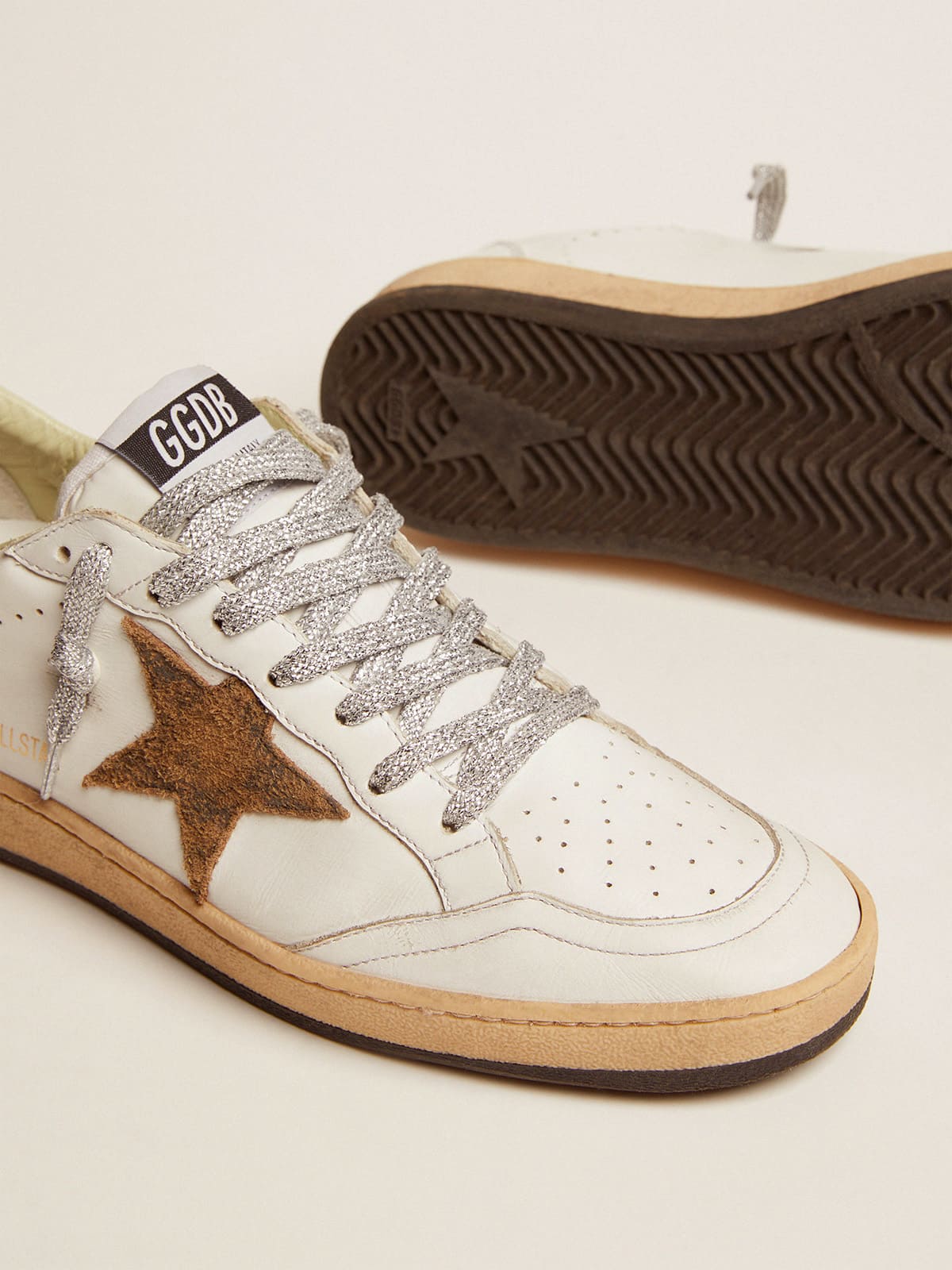 Women | Ball Star Sneakers with Leopard-Print Star & Pink Laminated Leather Heel Tab | White x Beige Brown Black x Salmon