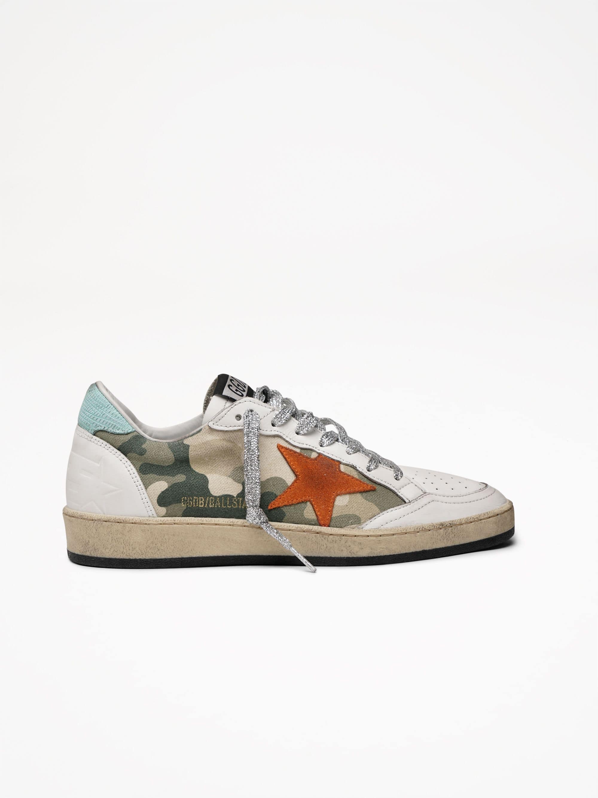 Women | Ball Star White Nappa Leather & Mimetic Print with Orange Suede Star & Turquoise Leather Heel Tab - Image 2
