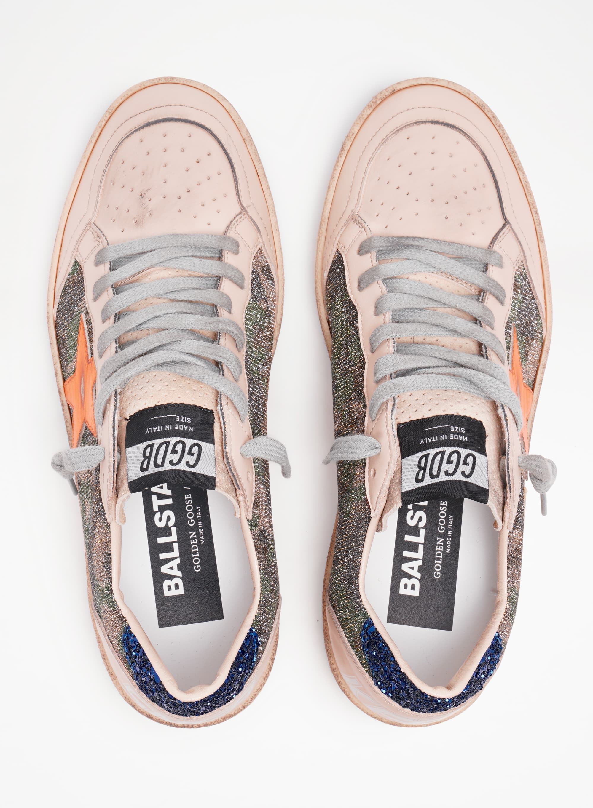 Women | Ball Star White Nappa Leather & Silver Glitter with Metallic Orange Leather Star & Blue Glitter Heel Tab | Green Camouflage x Smoke Gray x Yellow Ochre x Bluette