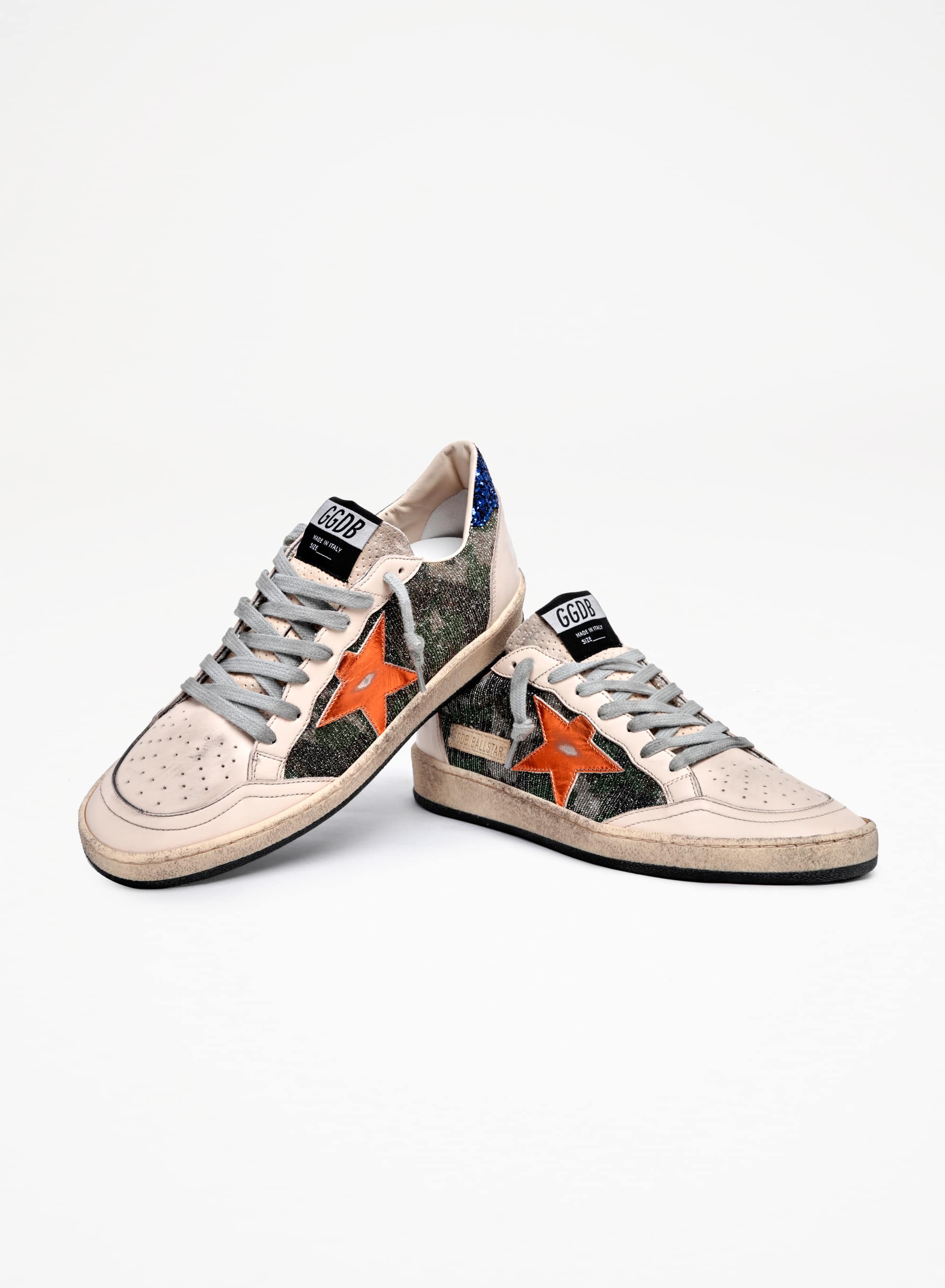 Women | Ball Star White Nappa Leather & Silver Glitter with Metallic Orange Leather Star & Blue Glitter Heel Tab | Green Camouflage x Smoke Gray x Yellow Ochre x Bluette - Image 3