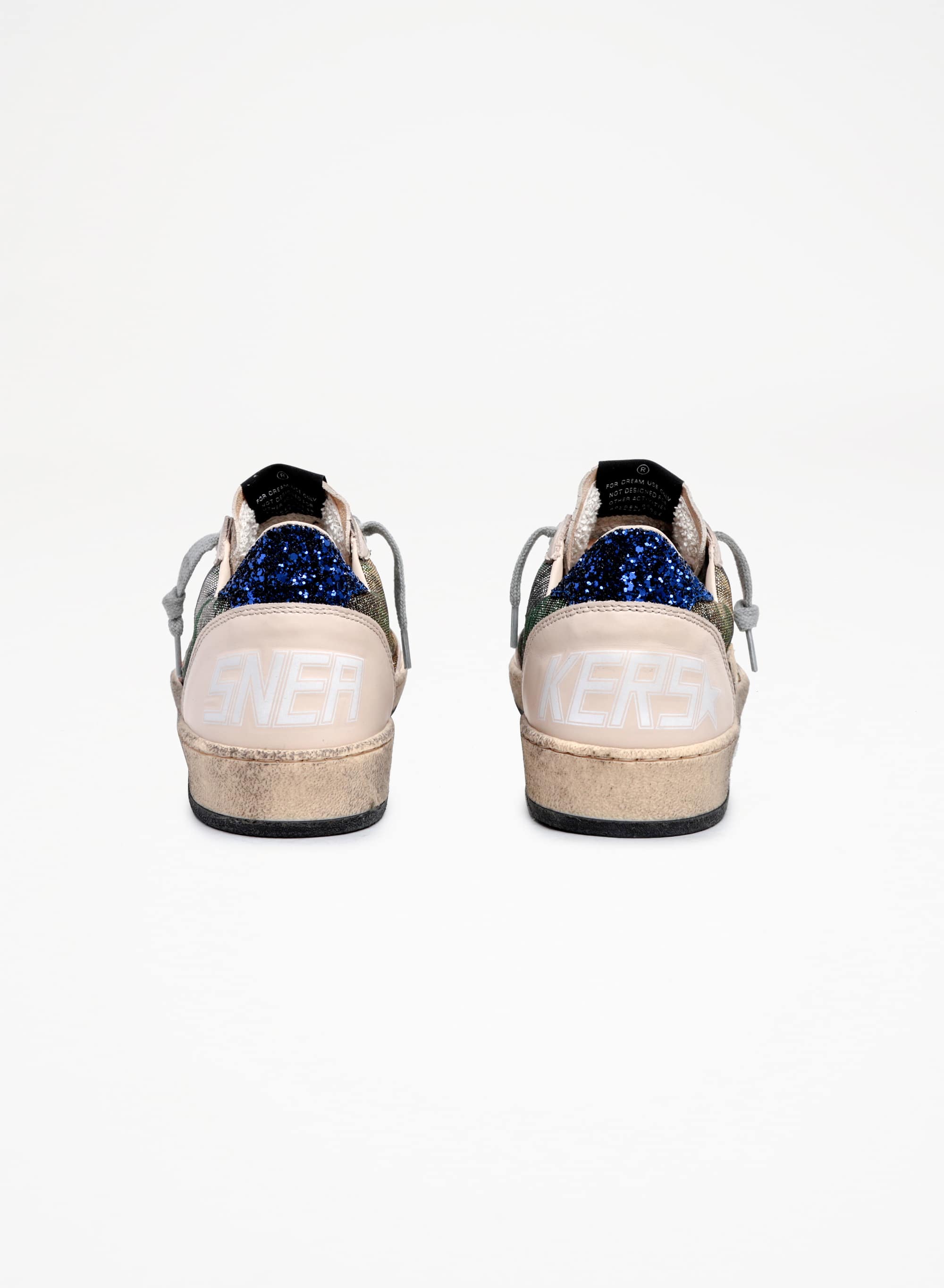 Women | Ball Star White Nappa Leather & Silver Glitter with Metallic Orange Leather Star & Blue Glitter Heel Tab | Green Camouflage x Smoke Gray x Yellow Ochre x Bluette - Image 4