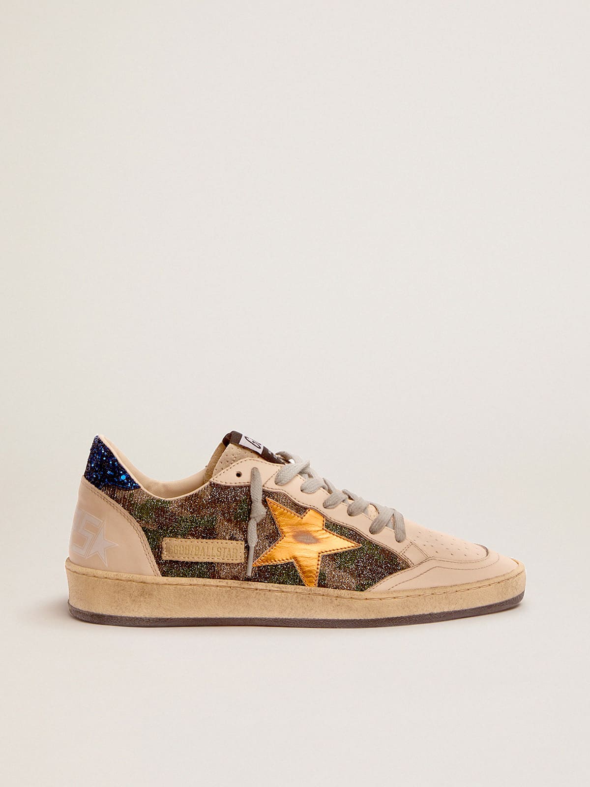 Women | Ball Star White Nappa Leather & Silver Glitter with Metallic Orange Leather Star & Blue Glitter Heel Tab | Green Camouflage x Smoke Gray x Yellow Ochre x Bluette - Image 5