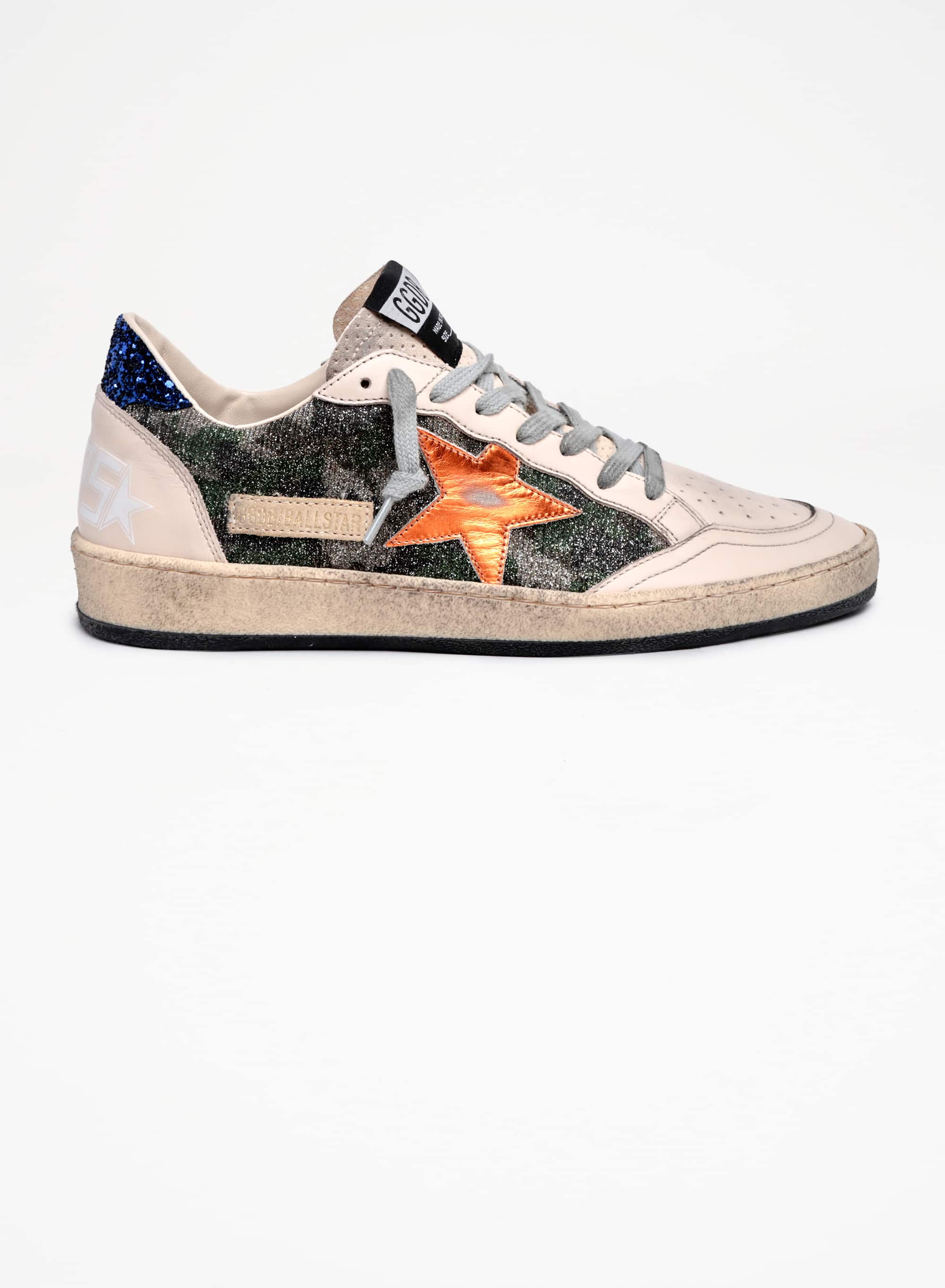 Women | Ball Star White Nappa Leather & Silver Glitter with Metallic Orange Leather Star & Blue Glitter Heel Tab | Green Camouflage x Smoke Gray x Yellow Ochre x Bluette - Image 7