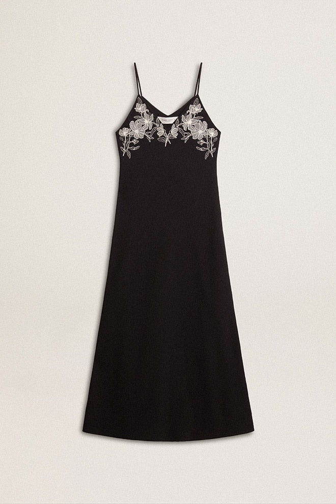 Women | Black Slip Dress with Embroidery | Polar Night - Image 7