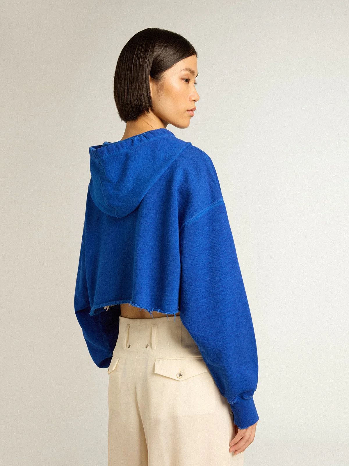 Women | Blue Cropped Sweatshirt with Zip Fastening & Hood | Mazarine Blue x Heritage White
