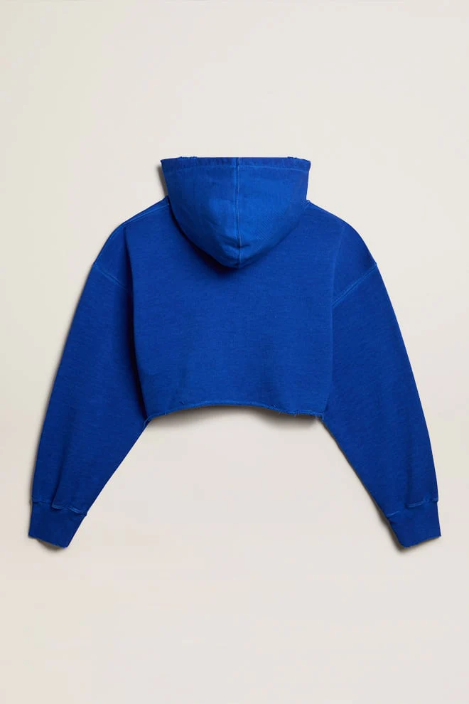 Women | Blue Cropped Sweatshirt with Zip Fastening & Hood | Mazarine Blue x Heritage White - Image 5