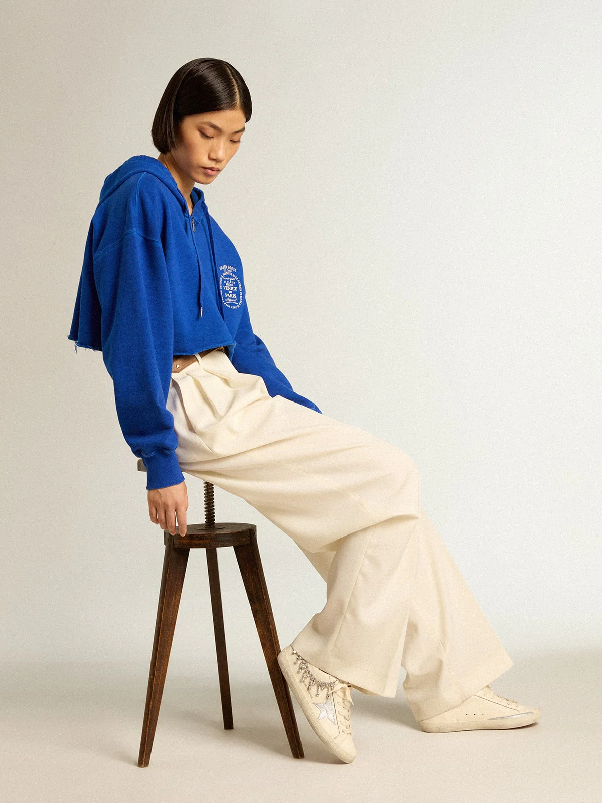 Women | Blue Cropped Sweatshirt with Zip Fastening & Hood | Mazarine Blue x Heritage White - Image 6