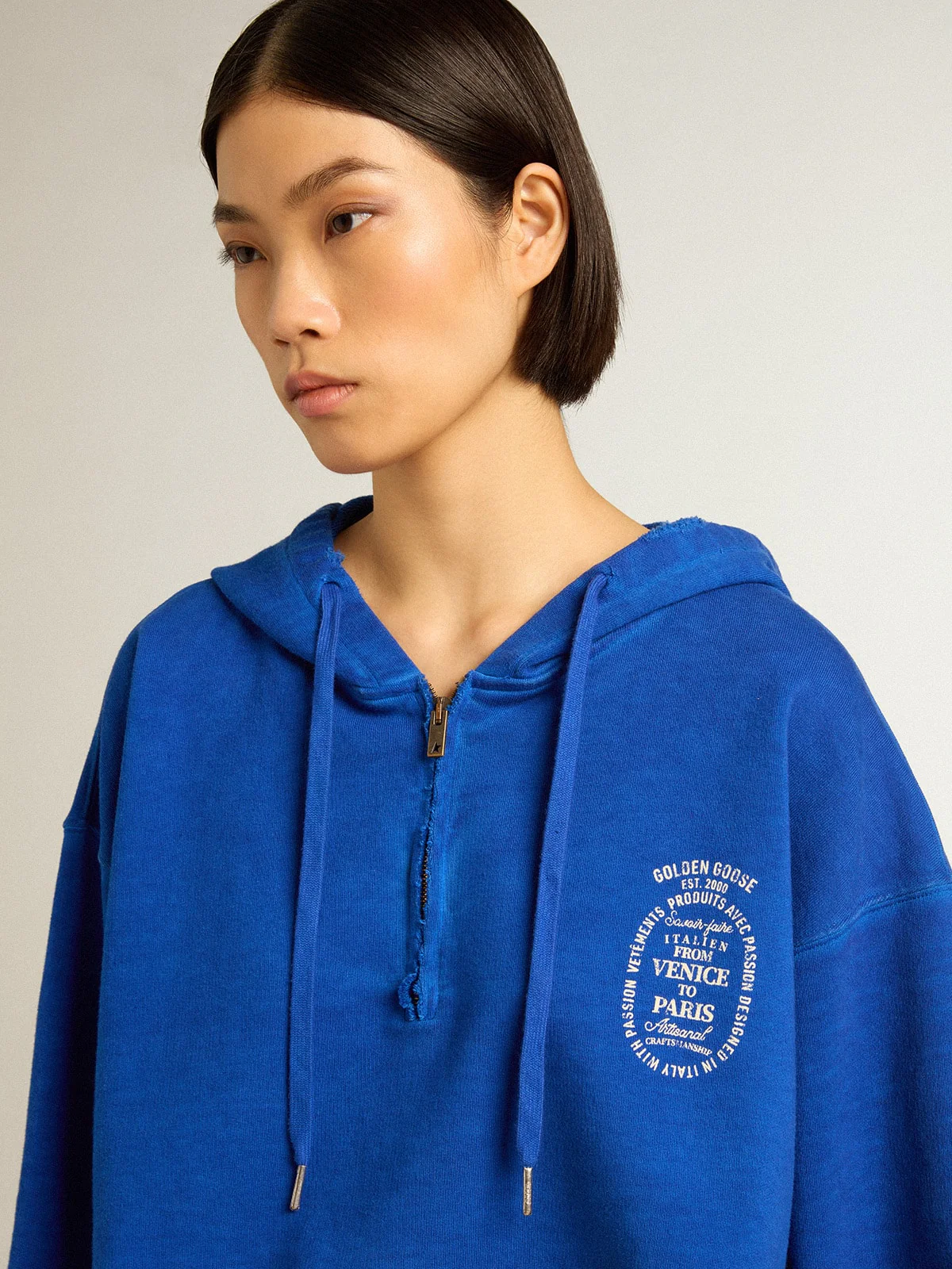 Women | Blue Cropped Sweatshirt with Zip Fastening & Hood | Mazarine Blue x Heritage White - Image 8